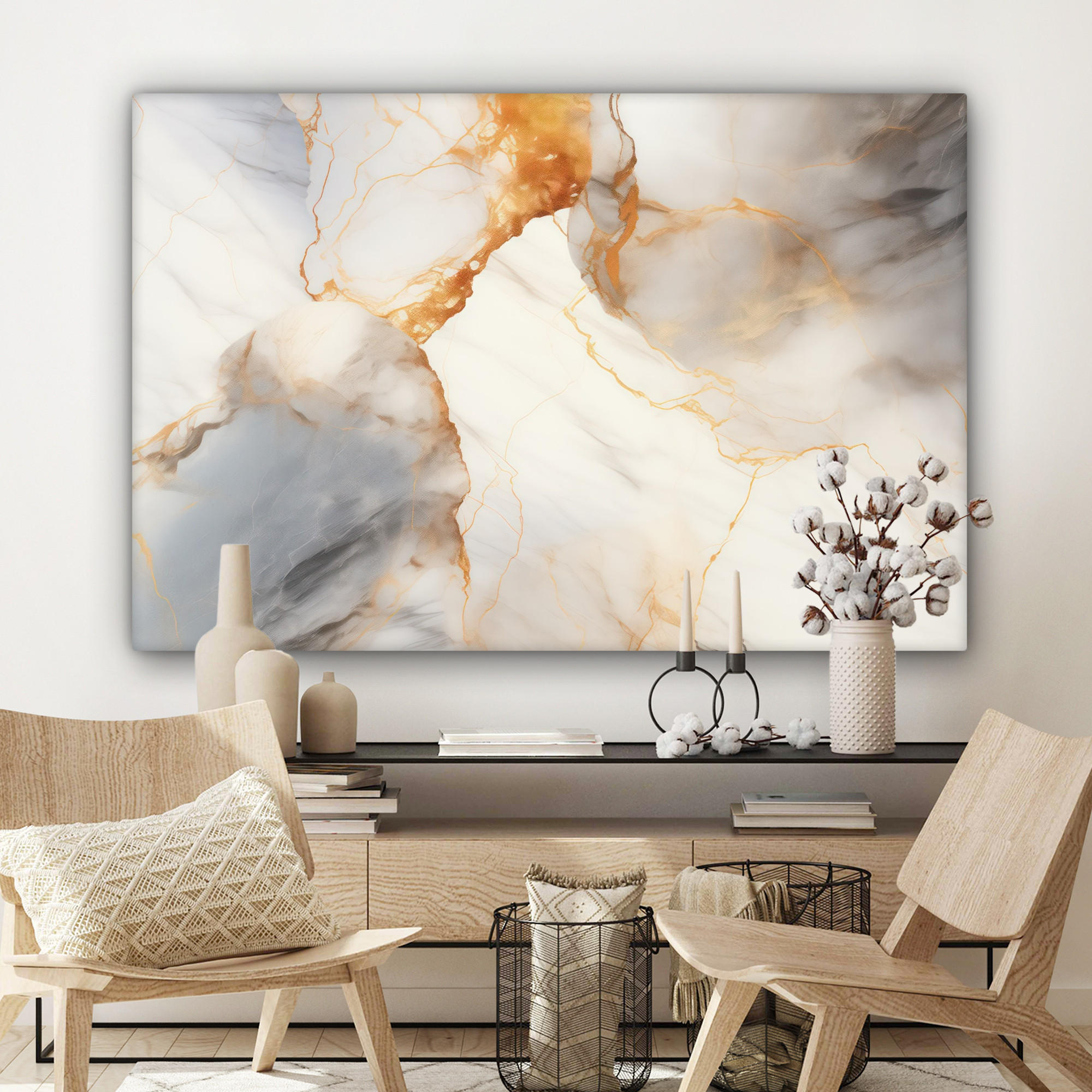 LEINWANDBILD Marmor - Grau - Gold Groß 140x90 cm - Weiß, Textil (140/90cm) - MuchoWow