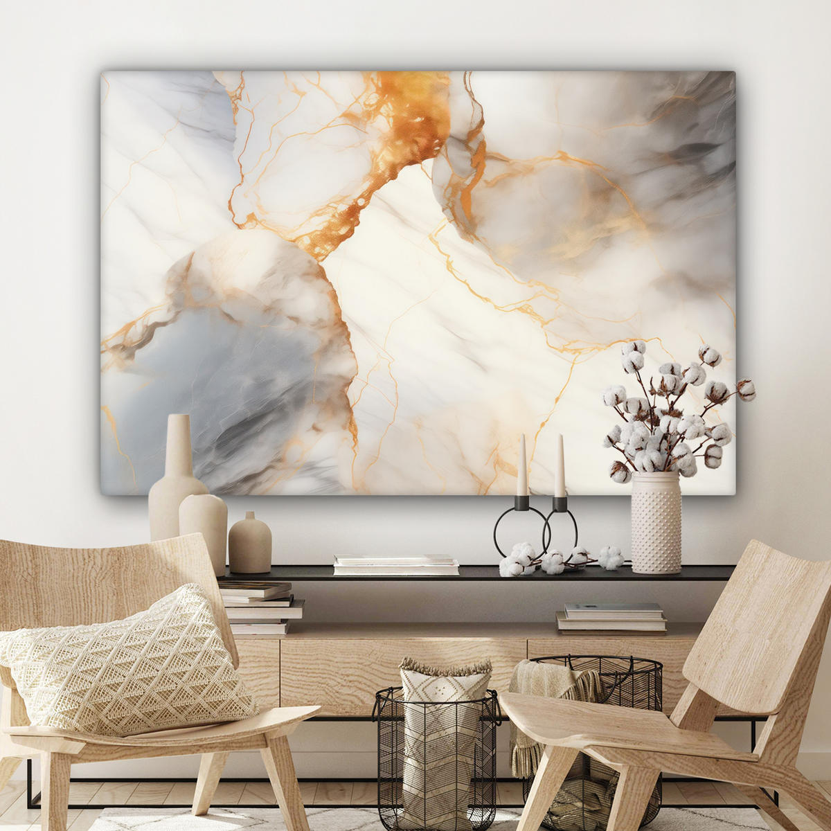 LEINWANDBILD Marmor - Grau - Gold Groß 140x90 cm - Weiß, Textil (140/90cm) - MuchoWow