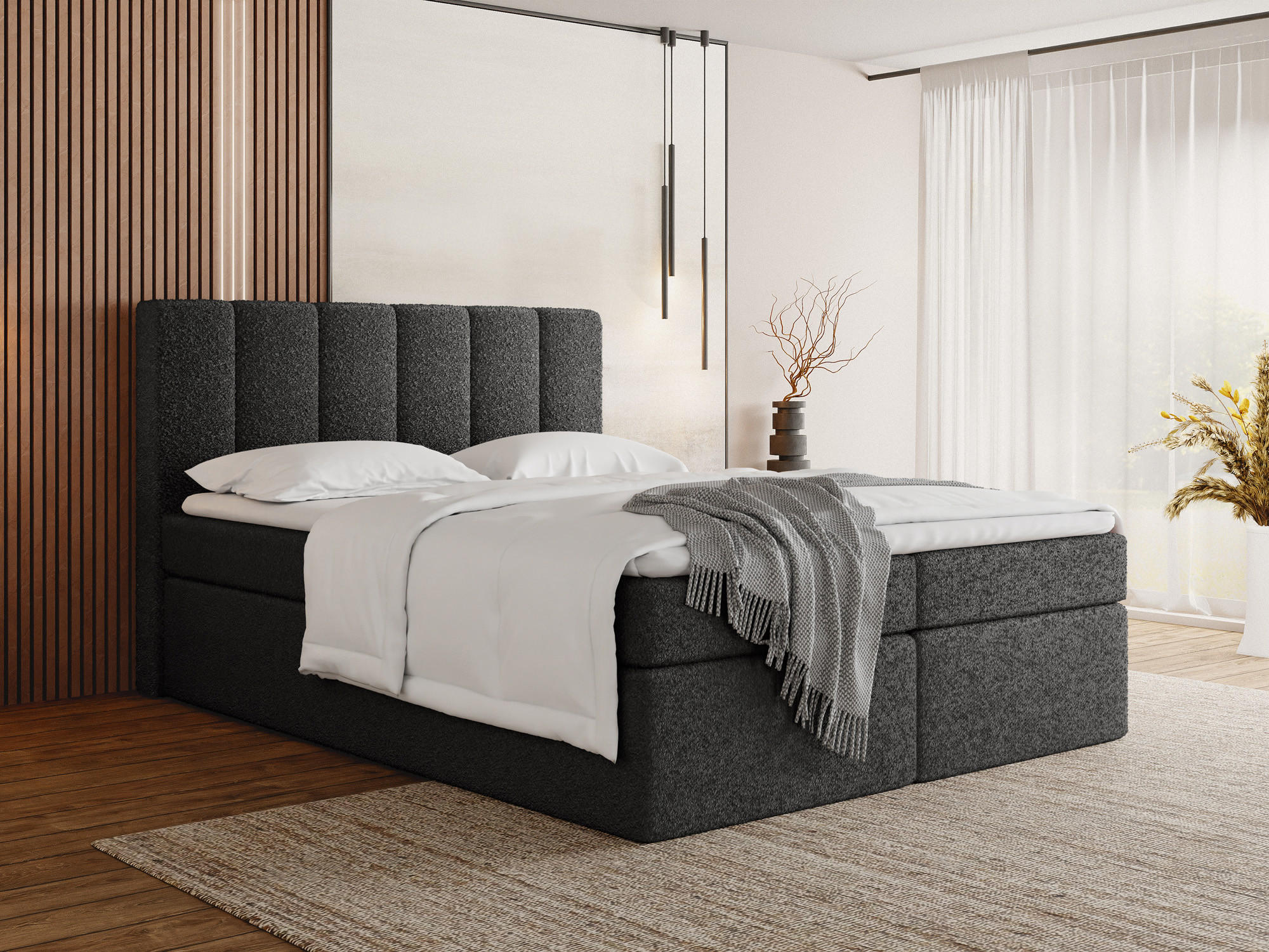 BOXBETT Amira mit Bettkasten, Schwarz Boucle 120x200 cm - inkl. H4 Matratze und H2 Visco Topper - Schwarz, Holzwerkstoff/Kunststoff (120/200cm) - WFL GROUP