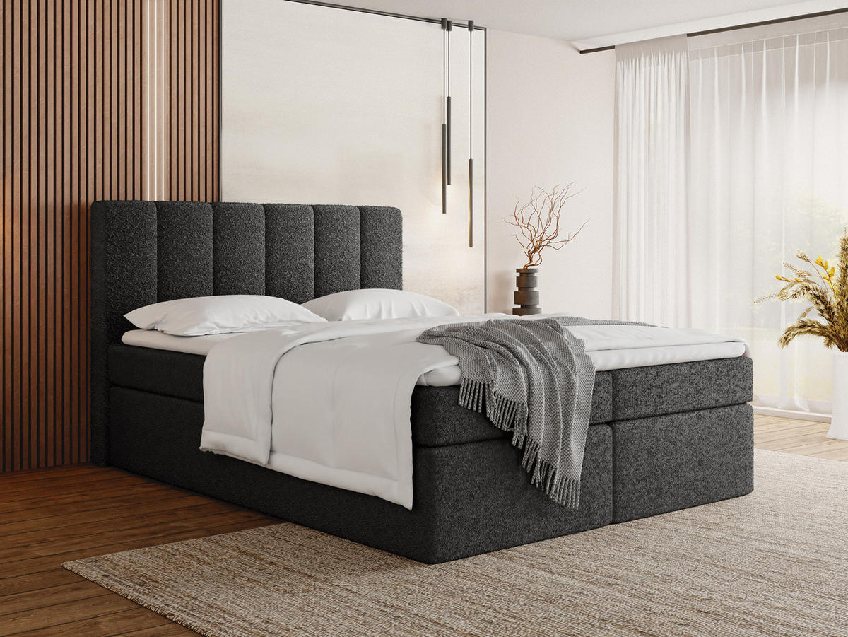 BOXBETT Amira mit Bettkasten, Schwarz Boucle 160x200 cm - inkl. H3 Matratze und H3 Foam Topper - Schwarz, Holzwerkstoff/Kunststoff (160/200cm) - WFL GROUP