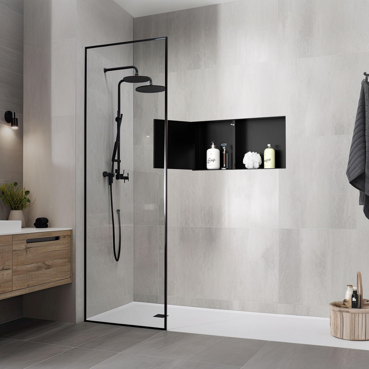 SPRCHOVÁ NIKA z nerezové oceli s obkladovými dvířky, černá, 25,5/55,5 cm - černá, kov (60/10/30cm) - LuxeBath