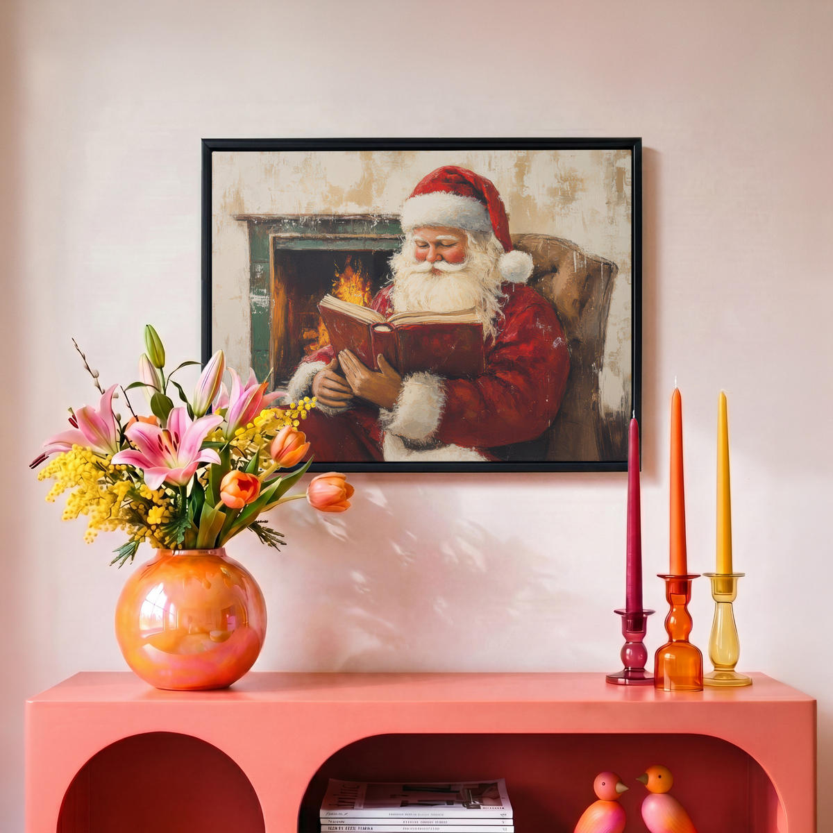 LEINWAND Bilder mit Rahmen - Weihnachten - Weihnachtsmann - Winter - Open Fireside - 40x30 - Dunkelrot, Textil (40/30cm) - MuchoWow