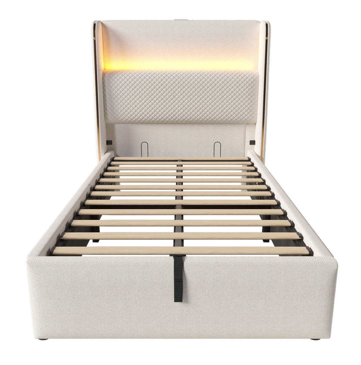 POLSTERBETT mit LED-Beleuchtung 90/200 cm mit Bettkasten und gepolstertem Kopfteil - Beige, Textil (90/200cm) - BEAOK
