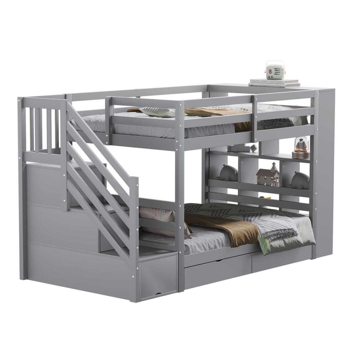 ETAGENBETT 90/200 cm in Grau mit Stauraum und Sicherheitstreppe - Grau, Holz (90/200cm) - BEAOK