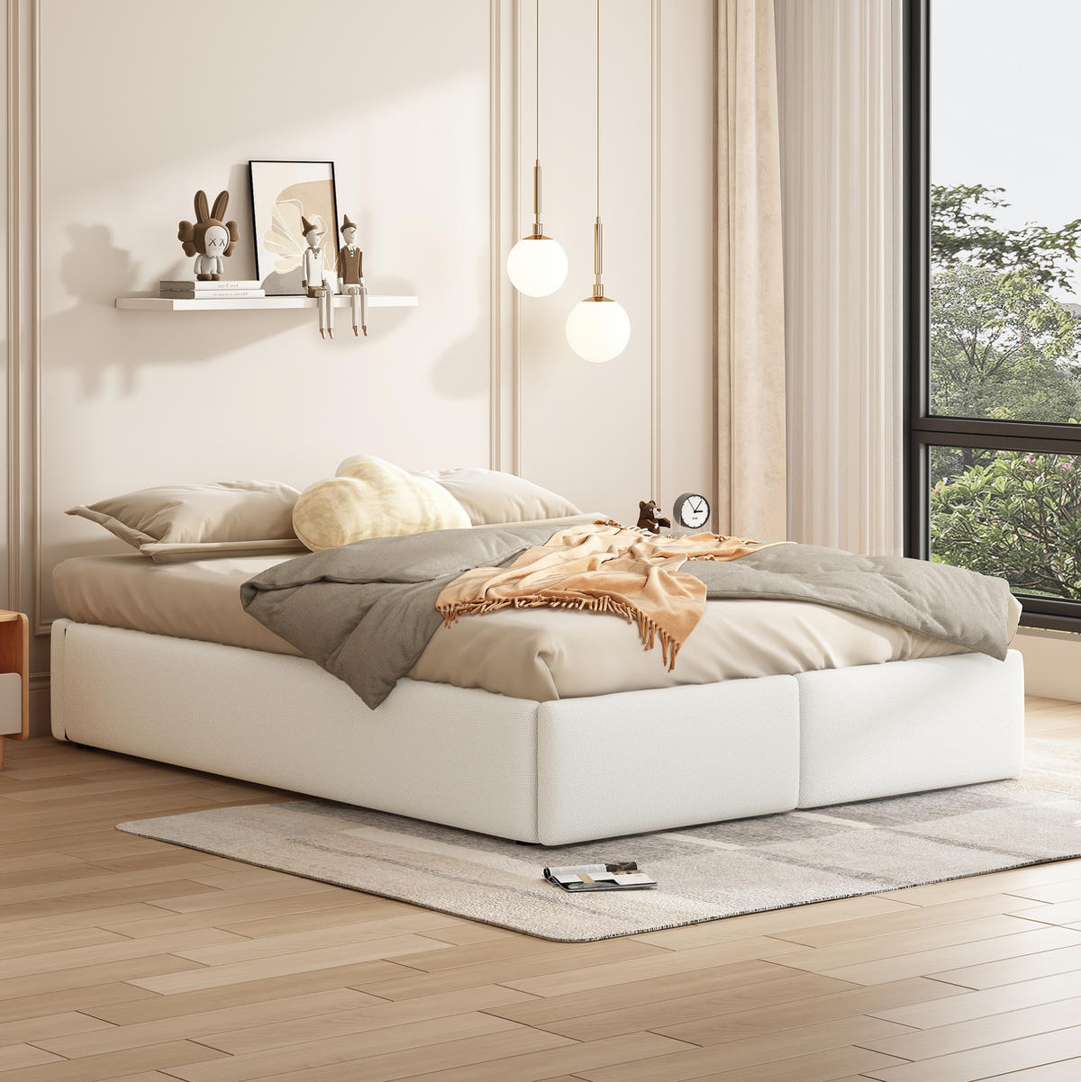 POLSTERBETT aus Leinen und MDF 140x200 cm Weiß mit hydraulischem Stauraum und 2 Schubladen - Weiß, Textil (140/200cm) - Modfu