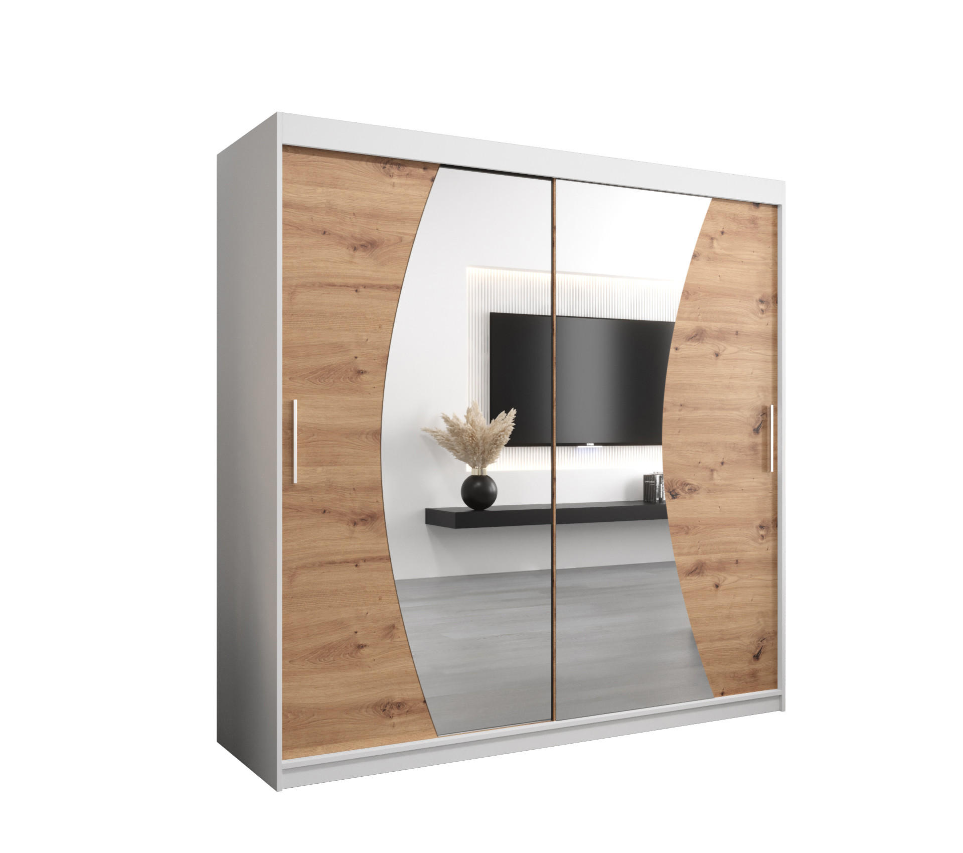 Abiks Möbel Schwebetürenschrank Weiß, Eiche Artisan 200x200x62 cm