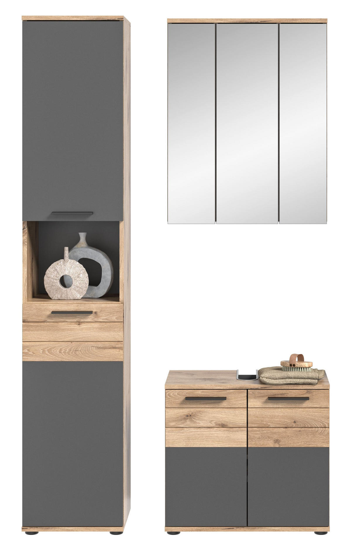 BAD-SET MASON 3-tlg. (B/H/T: ca. 112/190/34 cm) in Nox Oak Nachbildung/Basalt grau - Eichefarben, Holzwerkstoff (112/190/34cm)