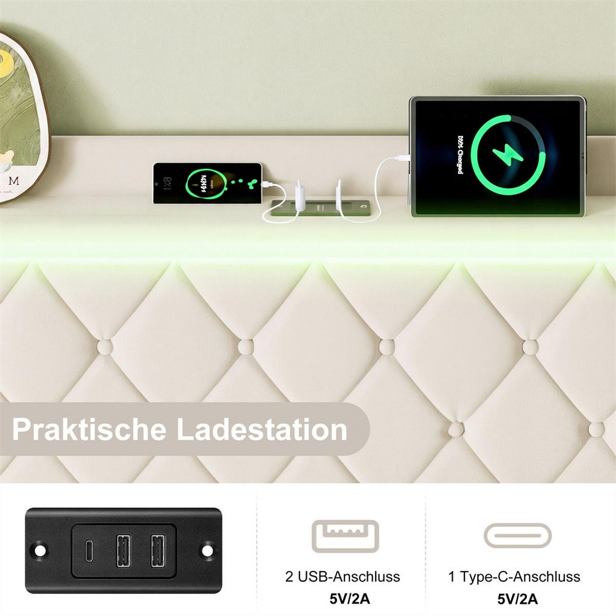 POLSTERBETT 140x200cm mit hydraulischem Stauraum - LED Beleuchtung & Ladefunktion - ohne Matratze - Beige - Beige, Textil (140/200cm) - DELFA