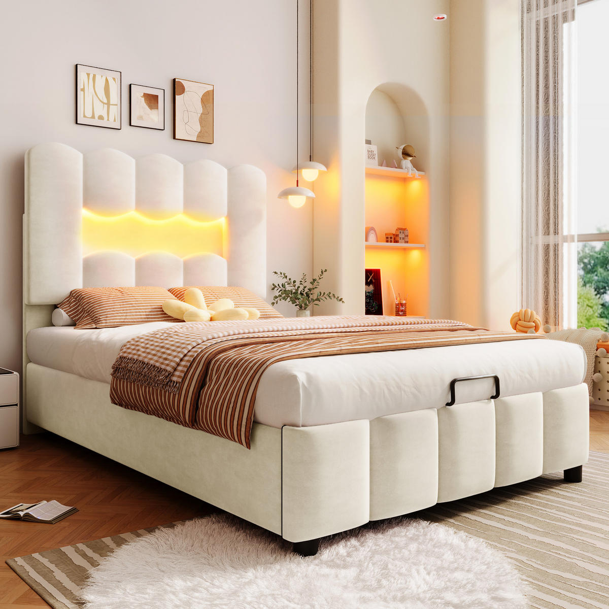 POLSTERBETT 90x200cm Beige Samt LED-Licht Hydraulik Kopfteil - Beige, Holz (90/200cm) - FLIEKS