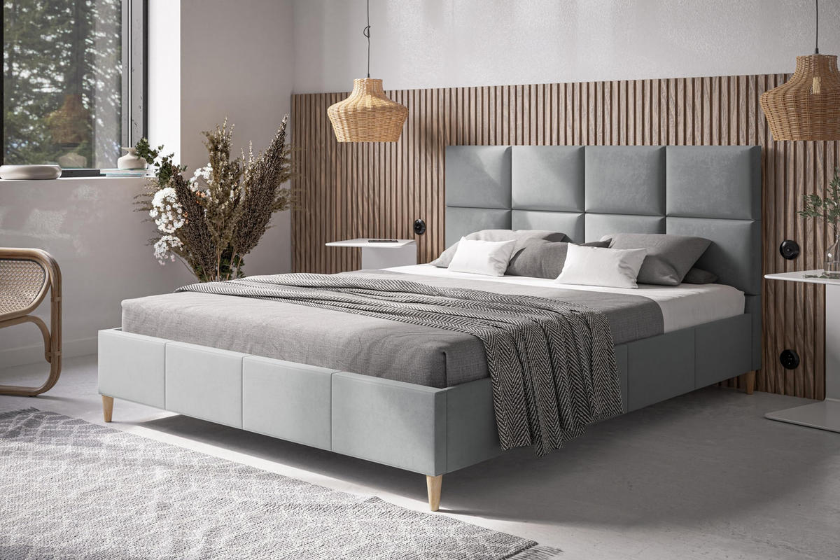 POLSTERBETT LUX Roma mit Kopfteil, 180 x 200 cm, Doppelbett mit Lattenrost aus Holz, Velourstoff Hellgrau, Füße in Farbe: Braun - Hellgrau, Holz/Textil (180/200cm) - Alpi-Möbel