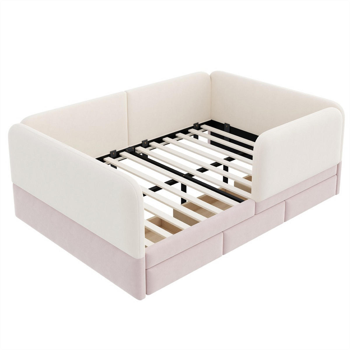 POLSTERBETT 140x200 cm mit Rundum-Sicherheitsumrandung & 3 Schubladen - Beige&Rosa - Samt - ohne Matratze - Pink, Textil (140/200cm) - DELFA