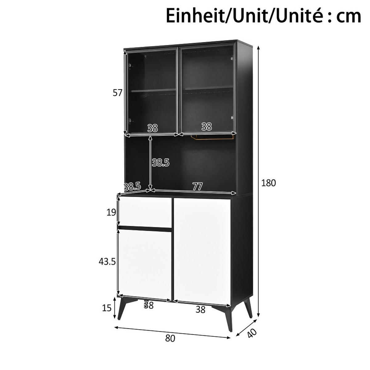 KÜCHENSCHRANK Esszimmerschrank mit LED-BELEUCHTUNG, GLASTÜREN, Schwarz-Weiß, 80/180/40 cm - Schwarz, Kunststoff (40/180/80cm) - Rolipo