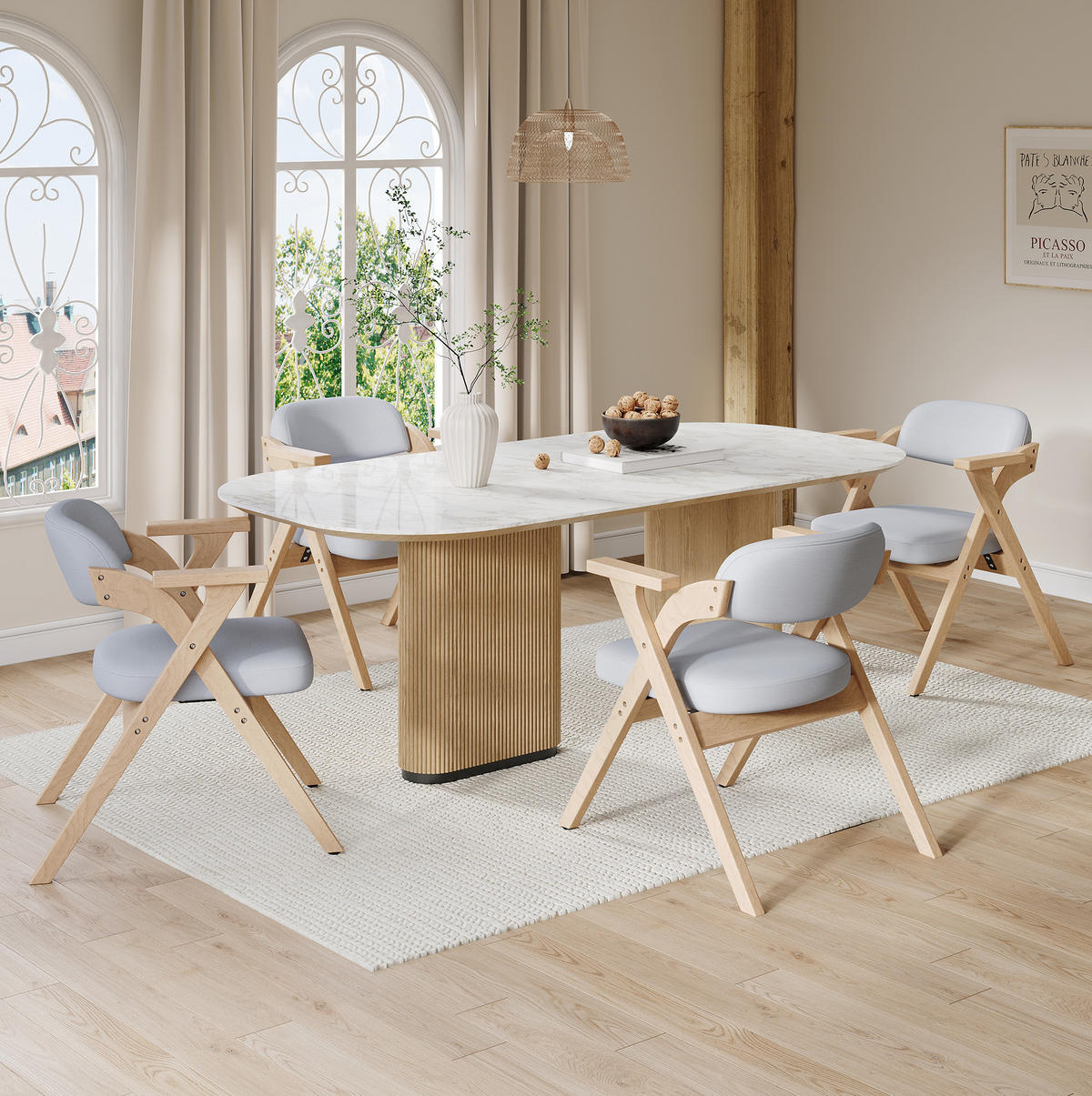 KLAPPSTUHL 4er-Set mit Armlehnen Massivholz Leinen Grau - Grau, Holz (66.5/76/64.51cm) - Meubliv
