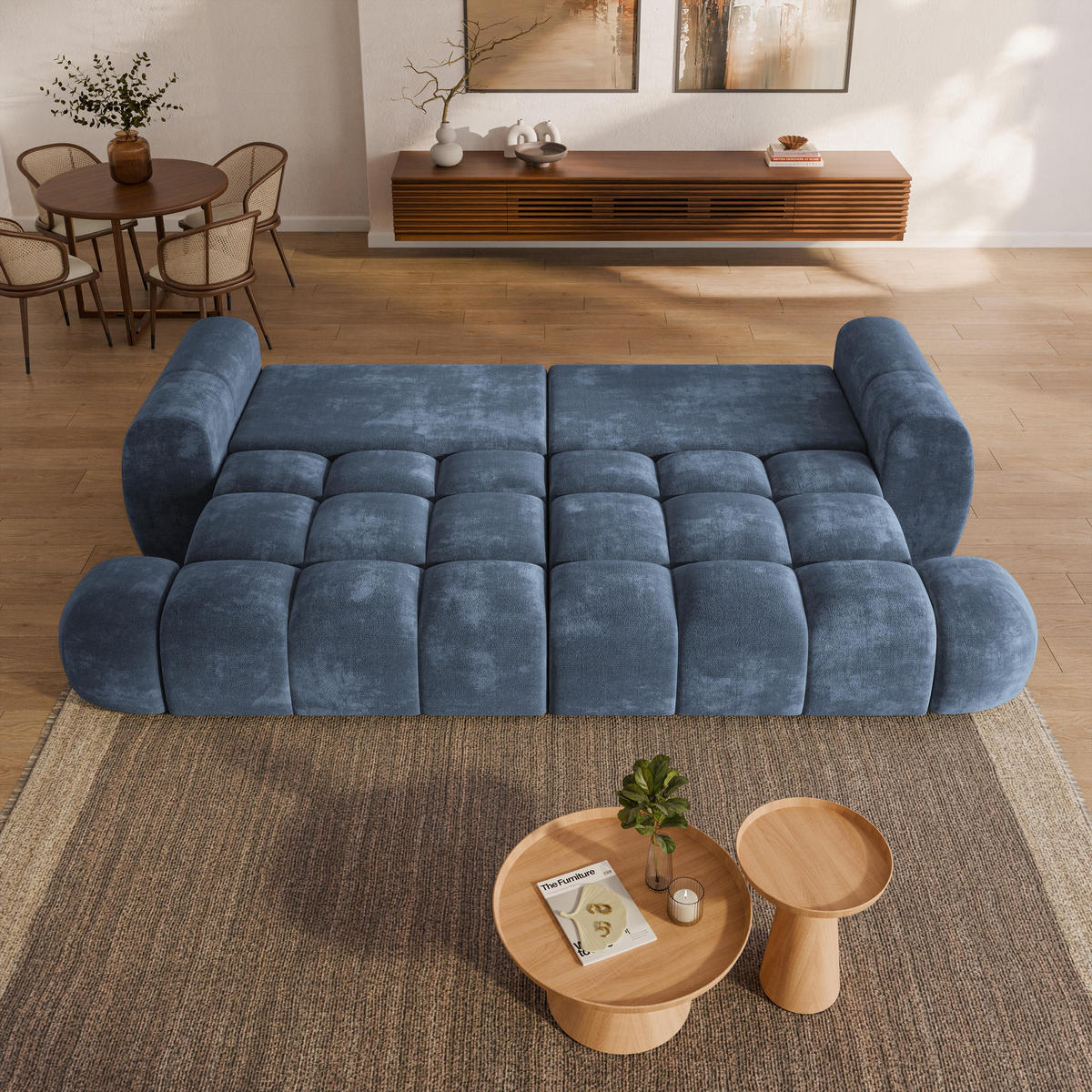 BETTSOFA DAFNE Blau Chenille-Stoff mit Schlaffunktion - Blau, Textil (300/88/113cm) - MASSENO