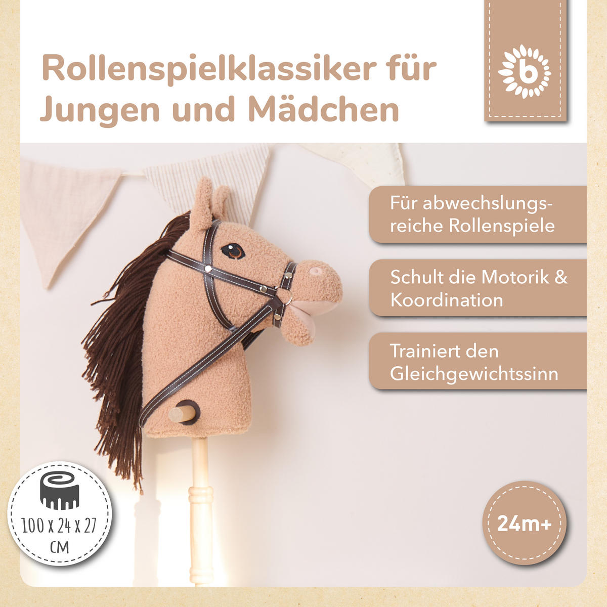STECKENPFERD Kinder Hazel aus Holz - Braun, Textil (24/100cm) - Bieco Spielwaren