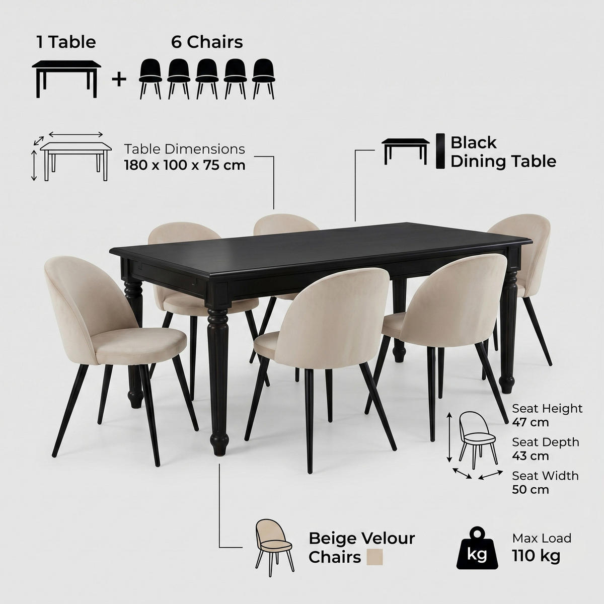 ESSGRUPPE Amaretta mit Esstisch Schwarz und 6 Stühlen Beige, 180 x 100 cm - Beige, Holz/Textil (180/75/100cm) - ebuy24
