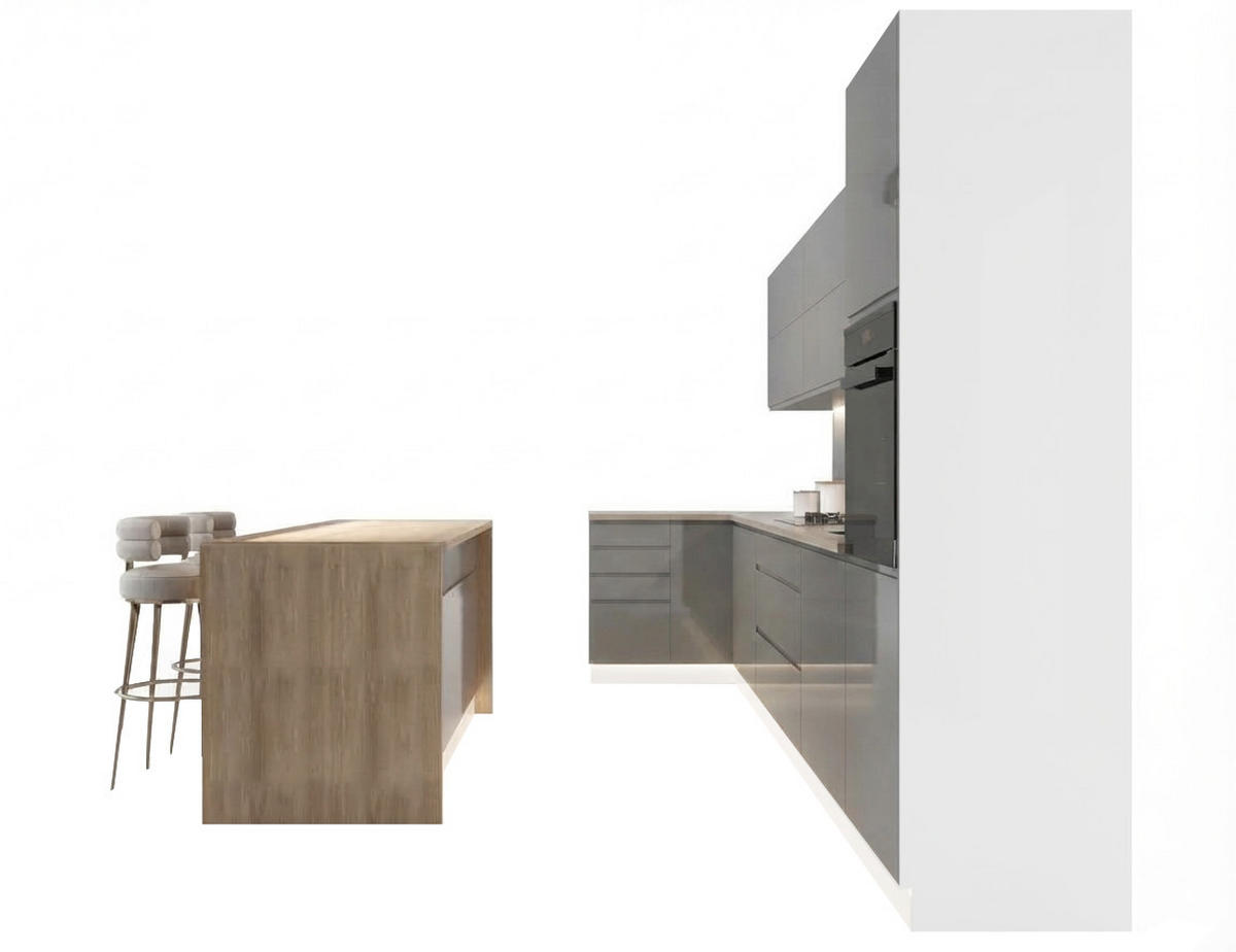 L-KÜCHE mit Insel Velmora Grau Hochglanz – 410 × 130 cm + Insel 180 cm – KÜ-AS-020 – Grau - Grau, Holzwerkstoff (410/212/58cm) - ROYAL24_MARKT