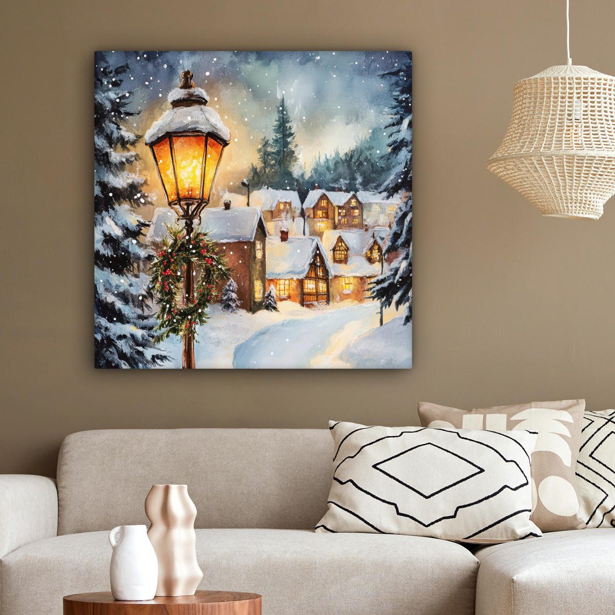 LEINWANDBILD Weihnachtsdorf - Häuser - Schnee - Weihnachten 90x90 cm - Sandfarben, Textil (90/90cm) - MuchoWow