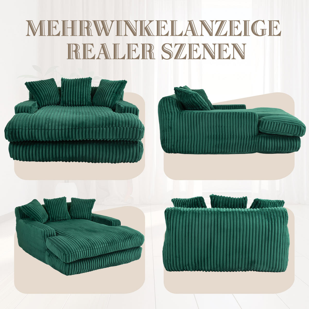BIGSOFA 125/155/63 cm in Cord Smaragdgrün – bodennahe Chaiselongue mit 3 Kissen - Smaragdgrün, Textil (63/125/155cm) - BEAOK
