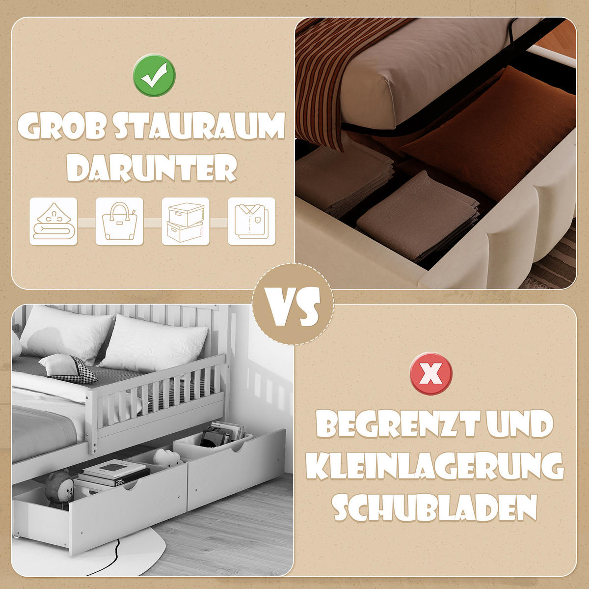 SAMT-POLSTERBETT 90/200 cm mit Bettkasten, LED-Beleuchtung & verstellbarem Kopfteil - Beige, Textil (90/200cm) - BEAOK
