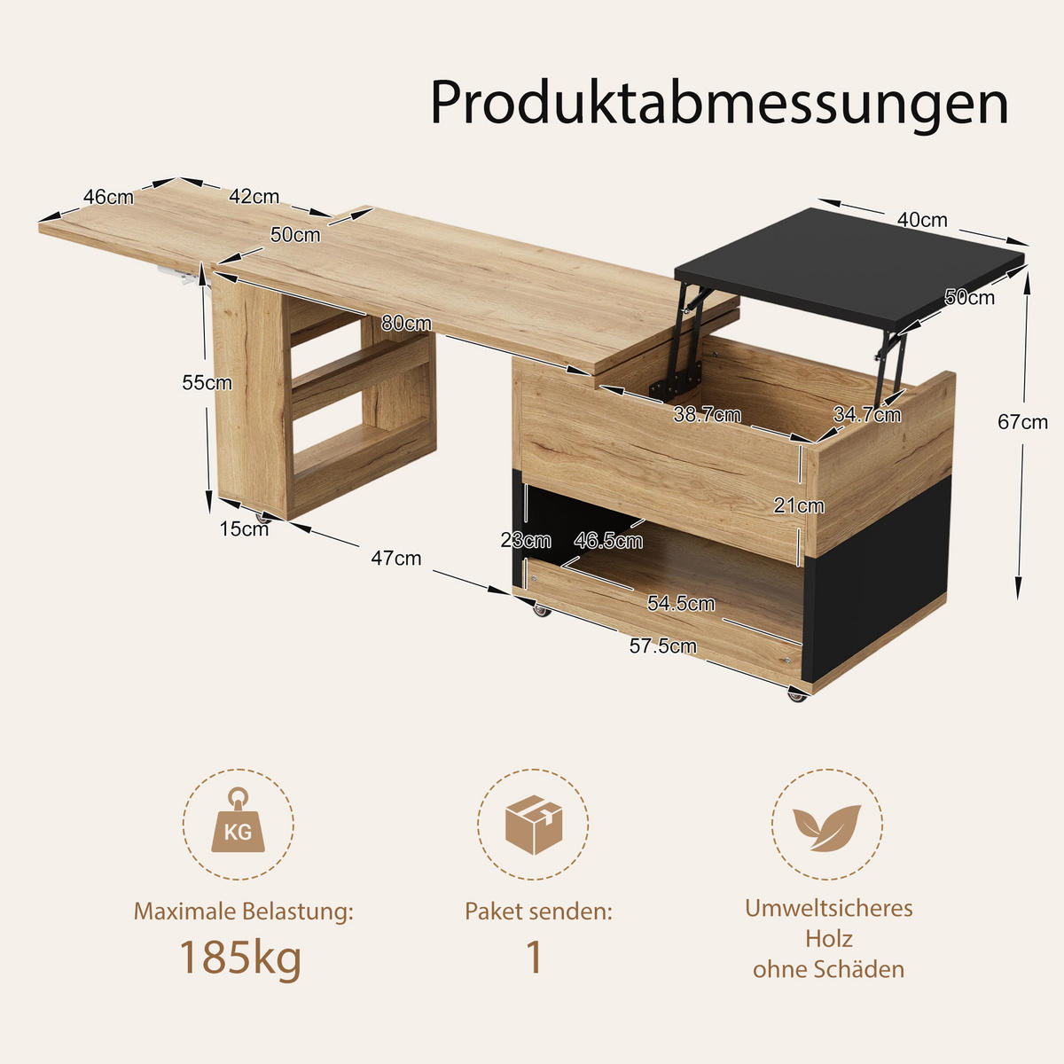 COUCHTISCH 360° drehbar mit Liftfunktion, Stauraum/Rollen, ausziehbar, - Eichefarben/Schwarz, Holz/Kunststoff (50/120/55cm) - LVHOM