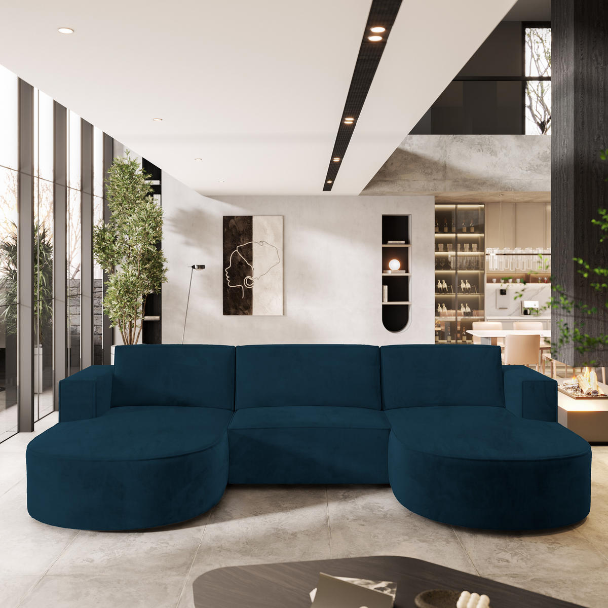 ROHOVÁ SEDAČKA VEZZO modrá - šedá/modrá, dřevo/textil (347/174cm) - MASSENO