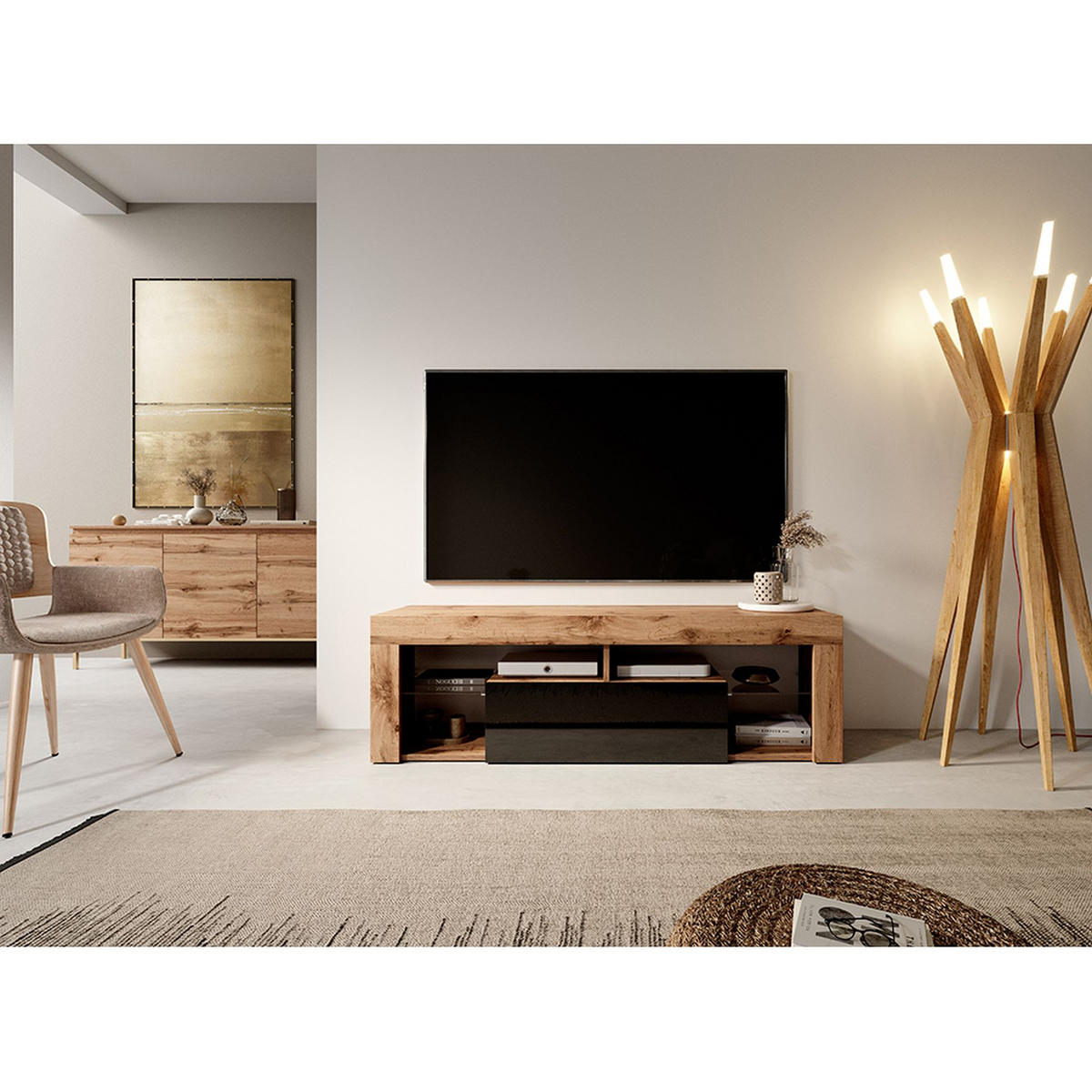 TV-HÄNGEBOARD Bianko Eiche / Schwarz 140 cm - Eichefarben/Schwarz, Holzwerkstoff (140/50.5/35cm) - Selsey