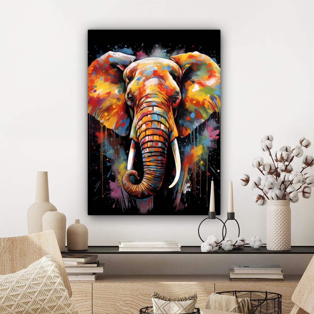 LEINWANDBILD Elefant - Graffiti - Schwarz - Tiere - Farben Wandbild Wohnzimmer 60x80 cm - Schwarz, Textil (60/80cm) - MuchoWow