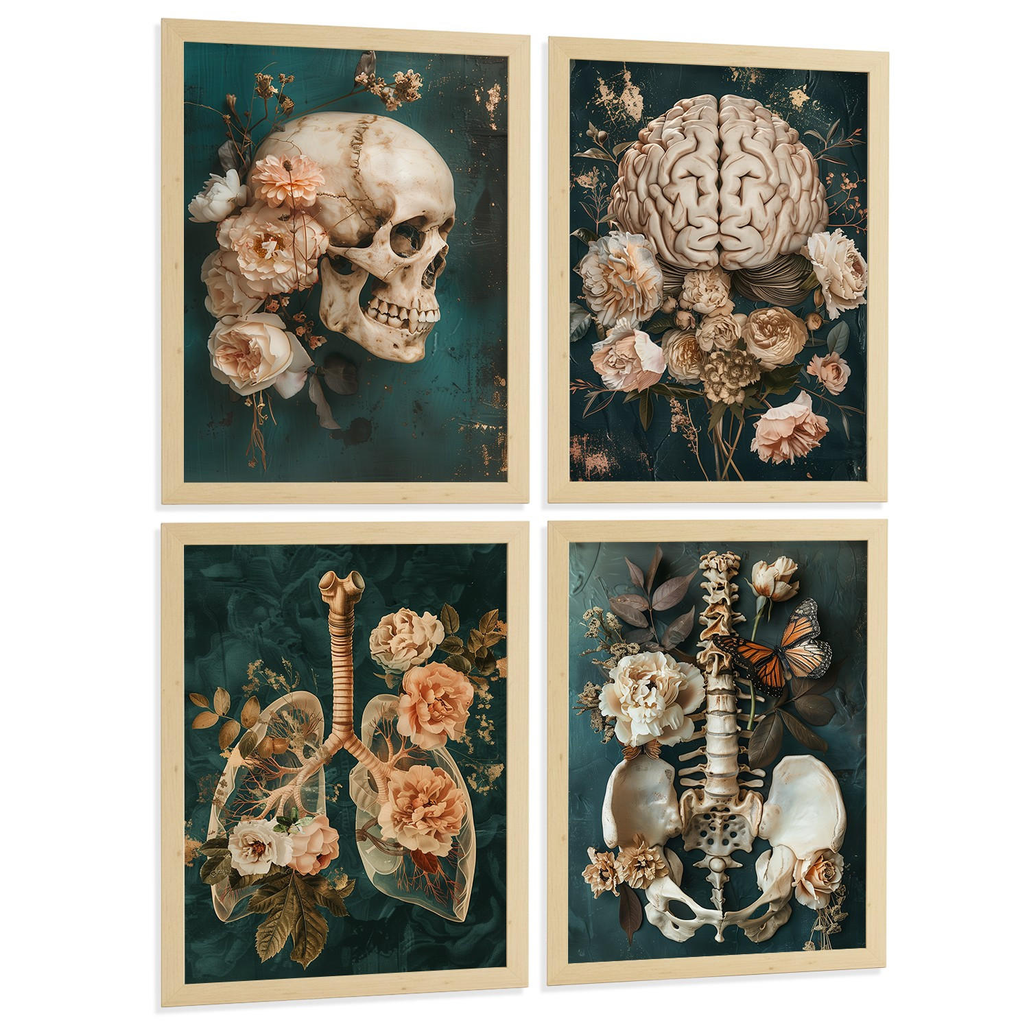POSTER Set aus 4 Anatomie Mensch Drucke und Wandbilder mit Schädel Gehirn Lungen Luftröhre Bronchien Becken Wirbelsäule Florales Größe Rahmenlos A3 - Klar, Papier (29.7/42/3cm) - Nacnic