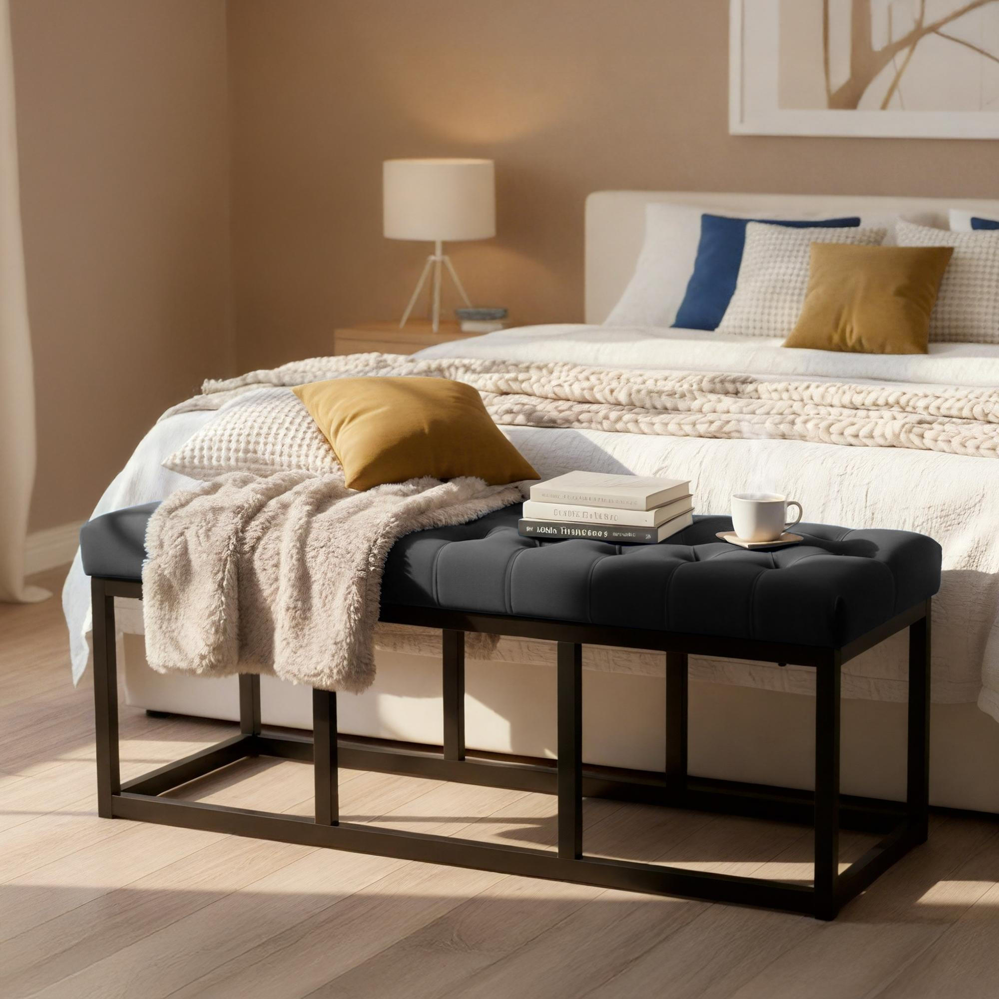 SITZBANK 120/37 cm Samt Schwarz - Schwarz, Textil/Metall (120/42/37cm) - CLP