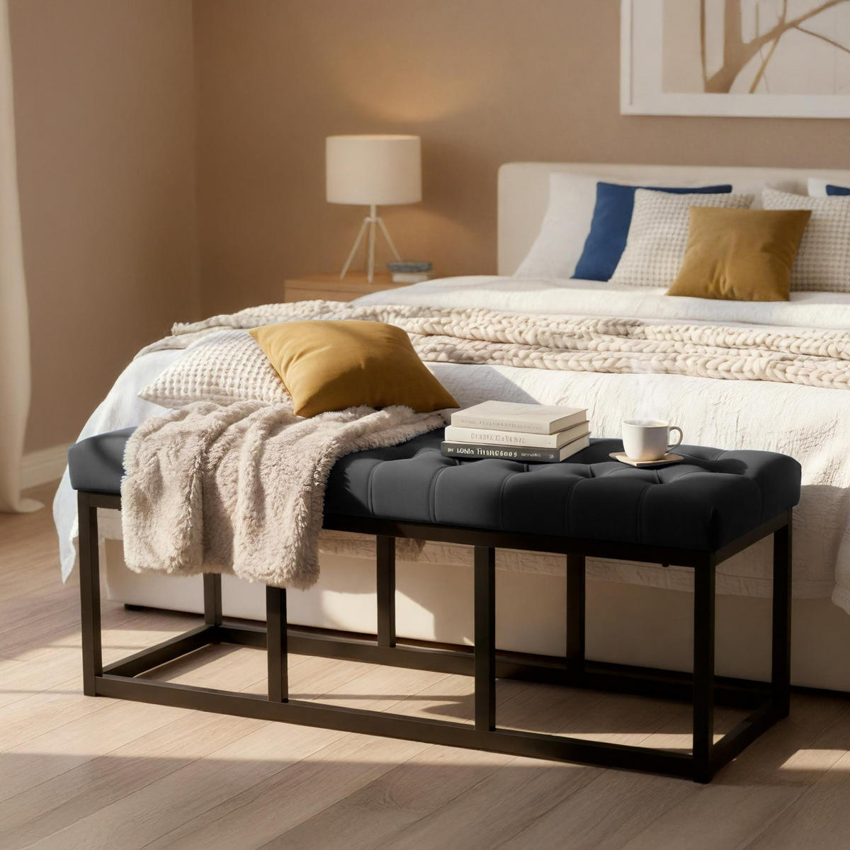 SITZBANK 120/37 cm Samt Schwarz - Schwarz, Textil/Metall (120/42/37cm) - CLP