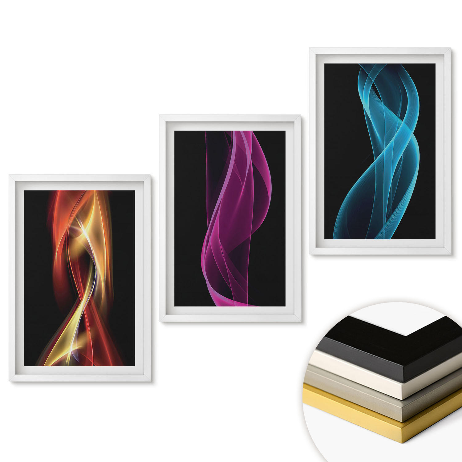 WANDBILDER 3er-Set - 40x60 cm Weißer Rahmen - Neonwellenlinien auf dunklem Hintergrund - Weiß, Kunststoff (40/60cm) - ArtPrintCave