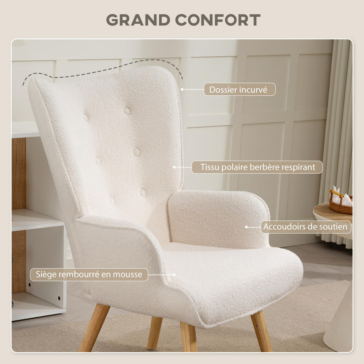 SESSEL DE-13279 Bouclé-Stoff & Knopfheftung Beige - Beige, Holz (71/96/74cm) - ComfortXL