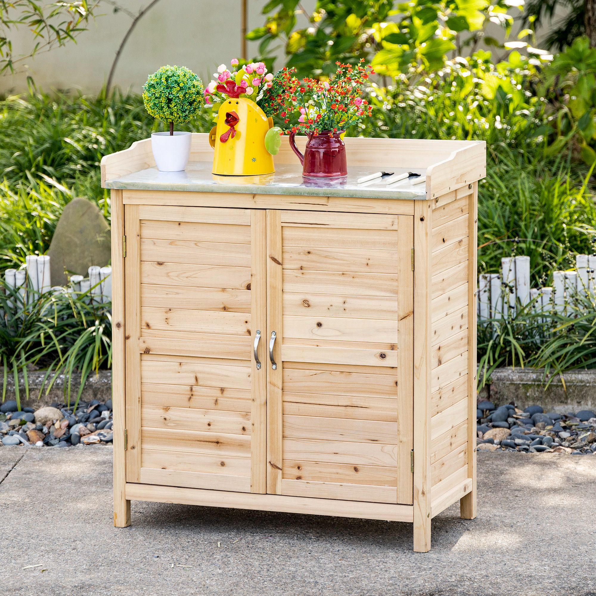 GARTENSCHRANK, Pflanztisch mit Unterschrank, Geräteschrank aus Tannenholz, Natur - Fichtefarben, Holz (40/92/83cm) - Outsunny
