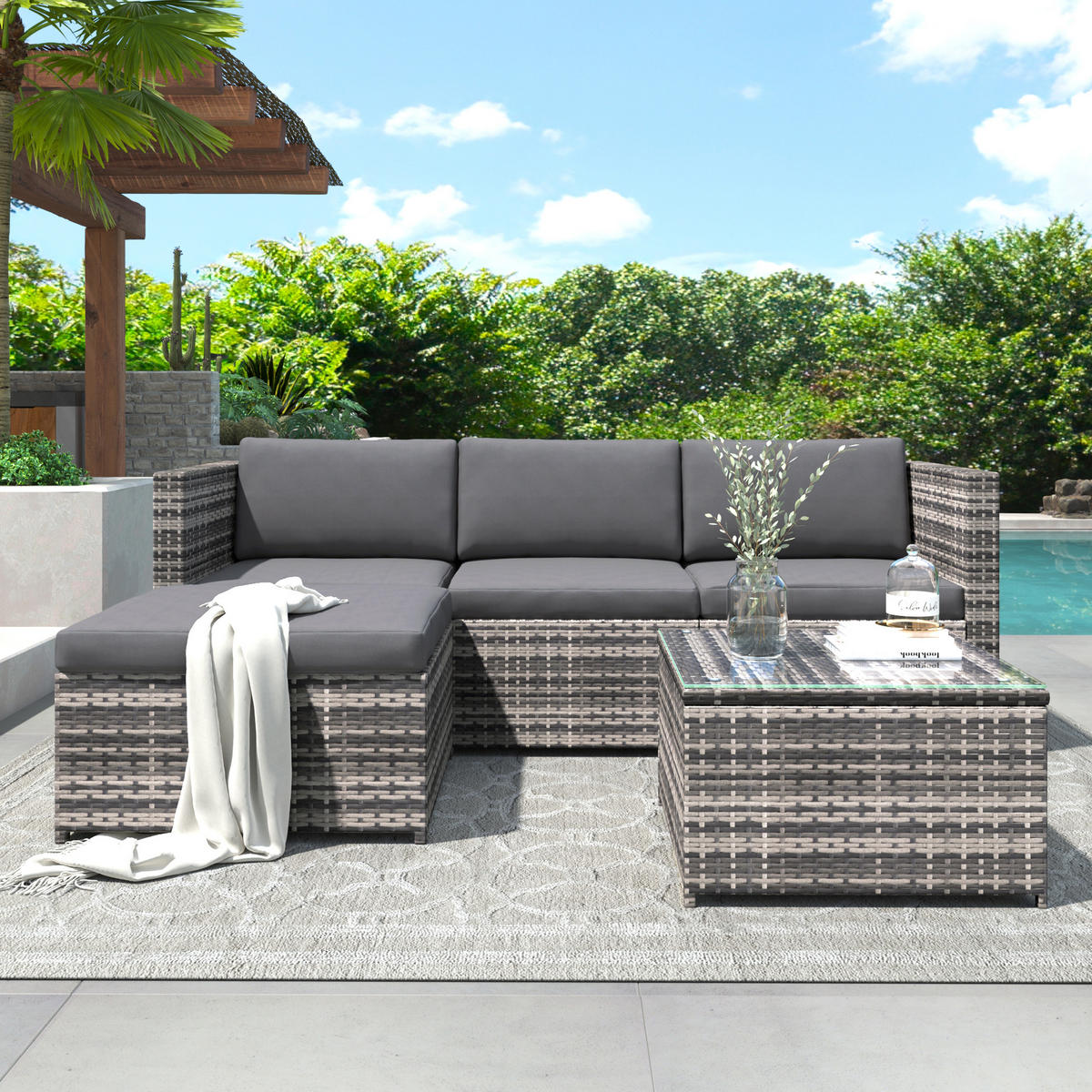 LOUNGESET Grau Poly Rattan Mit Sitzkissen & Glastisch - Grau, Metall - FLIEKS