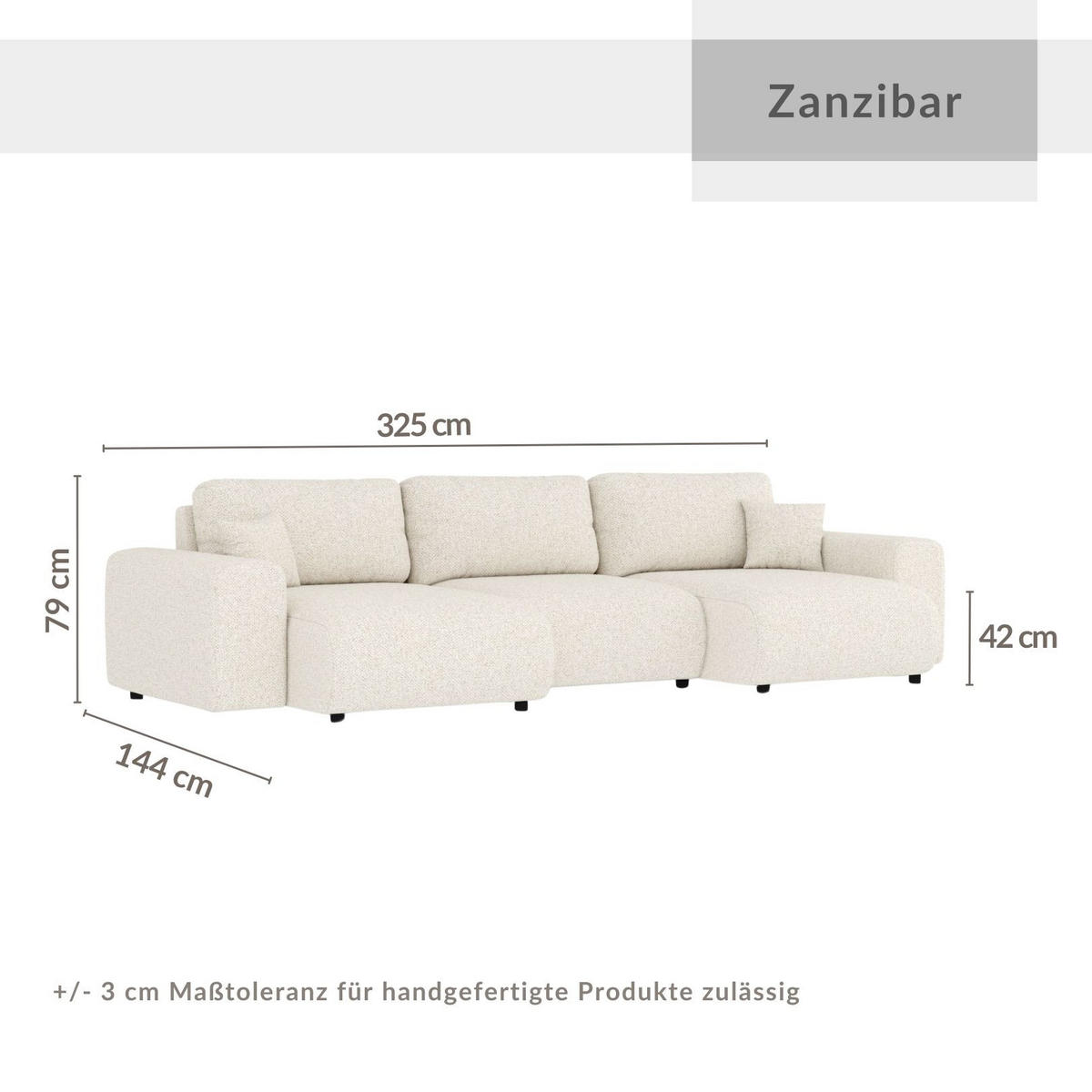 PANORAMASOFA Zanzibar Creme Plüschstoff - Creme/Schwarz, Holz/Holzwerkstoff (325/79/144cm) - Maison de Reve