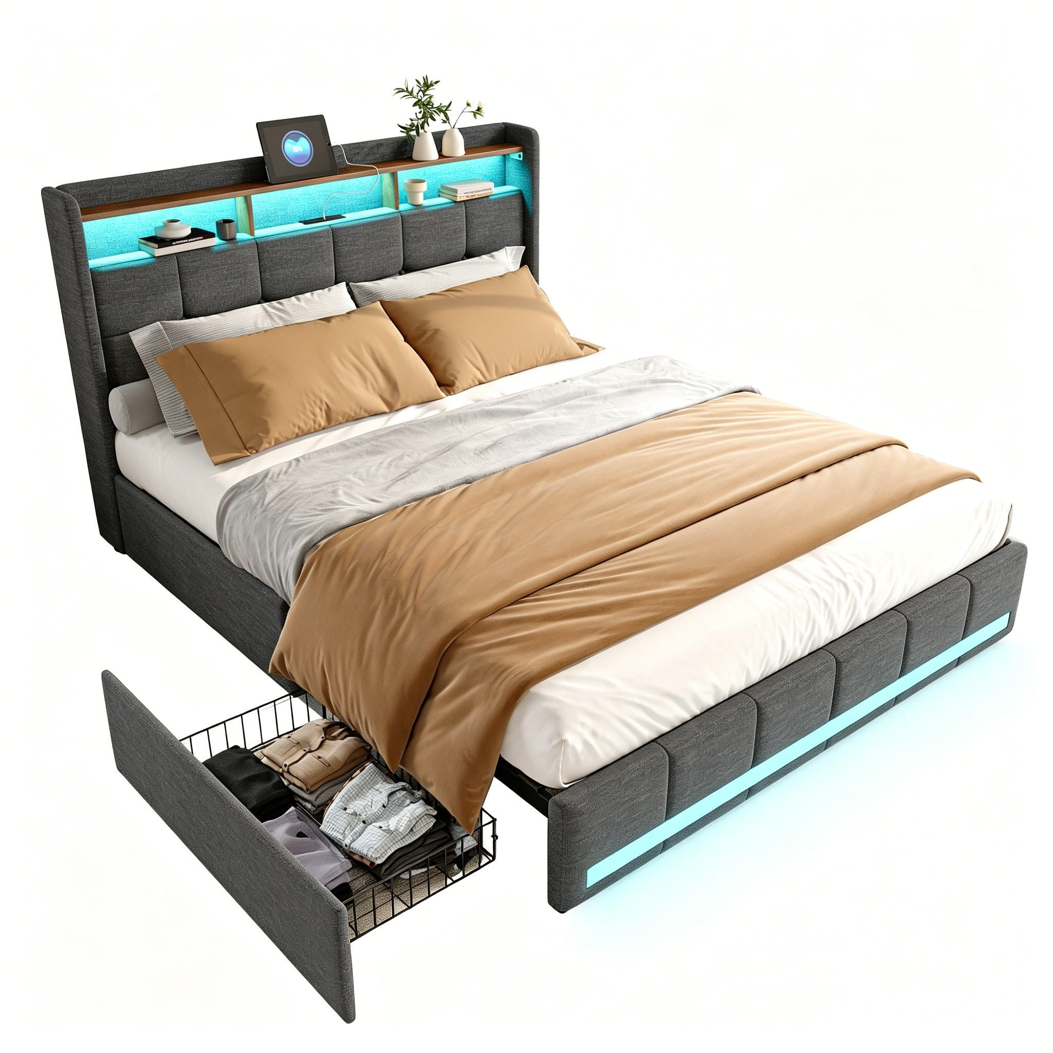 POLSTERBETT,BETT 140x200 mit Schubladen und LED&Ladefunktion - Grau, Holz/Textil (140/200cm) - PARAFTA HOME