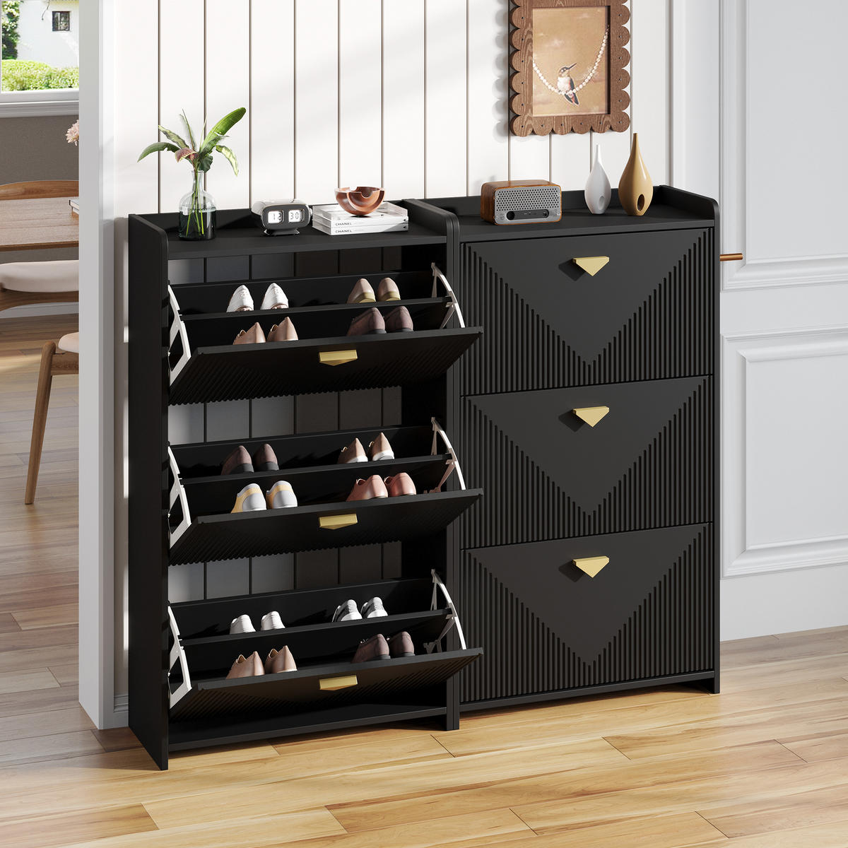 SCHUHSCHRANK aus MDF 140x30x120cm in Schwarz mit 3 Klapptüren - Schwarz, Holzwerkstoff (140/120/30cm) - Modfu