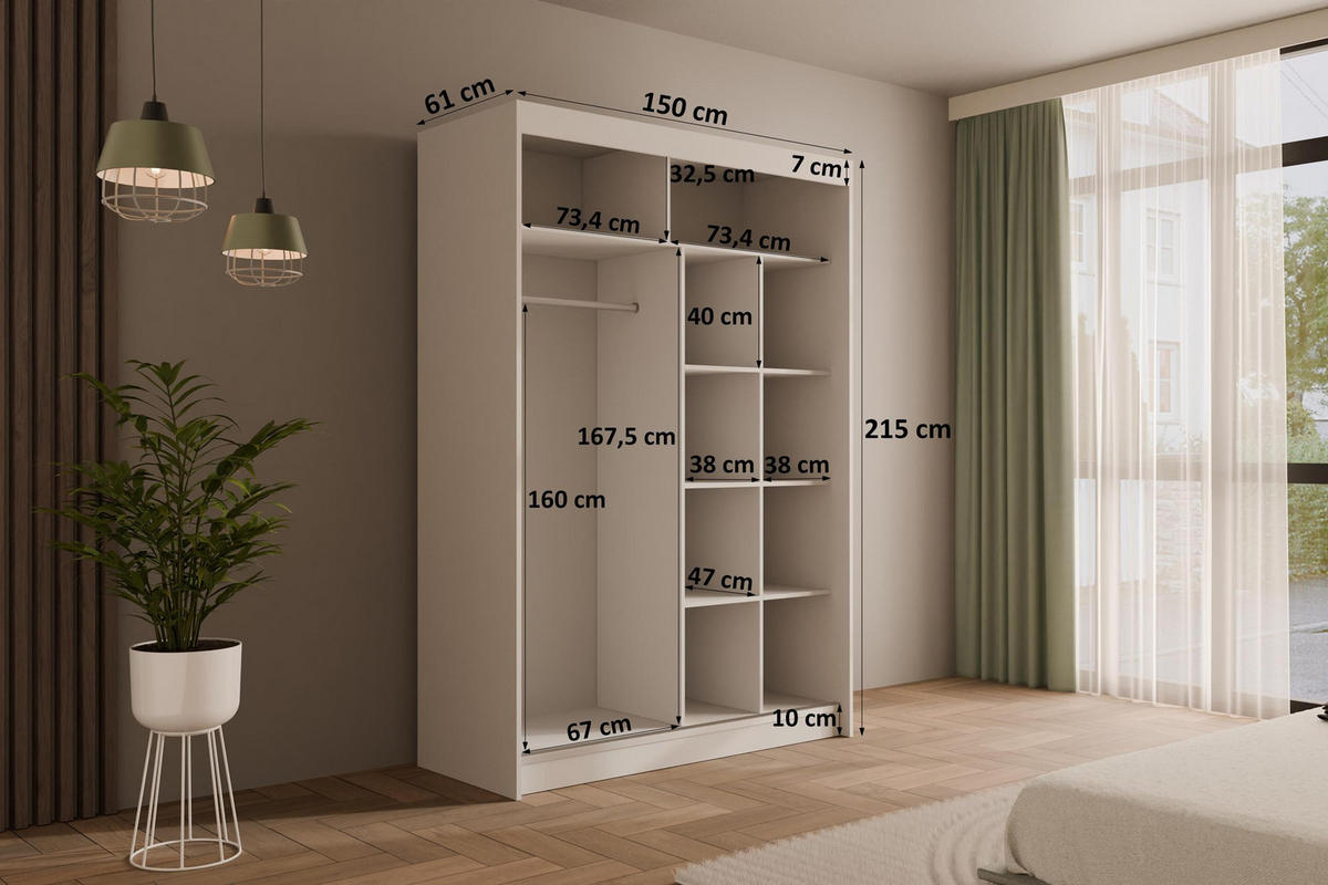 KLEIDERSCHRANK mit Lamel-Schiebetüren VILANv2 - 150 cm Weiß + Lamelle schwarz - Schwarz/Weiß, Holzwerkstoff (150/215/61cm) - ALTDECOR