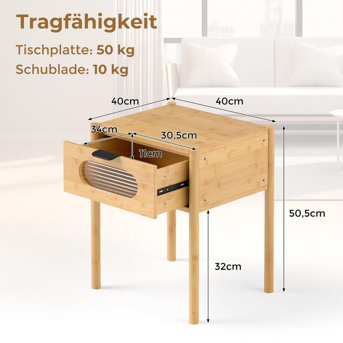 NACHTTISCH mit Schublade aus gehärtetem Glas, Natur - Naturfarben, Naturmaterialien/Holzwerkstoff (40/50.5/40cm) - DESIGN IN