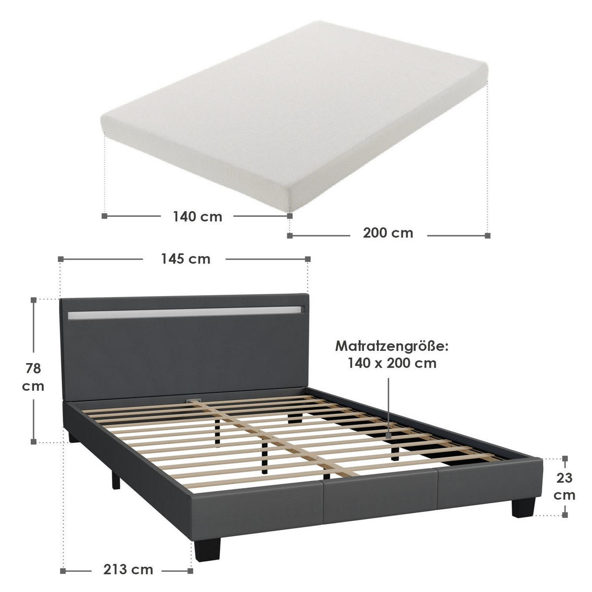 POLSTERBETT Paris dunkelgrau 140x200cm mit Matratze und LED (16 Farben) - Grau, Textil (140/200cm) - Juskys