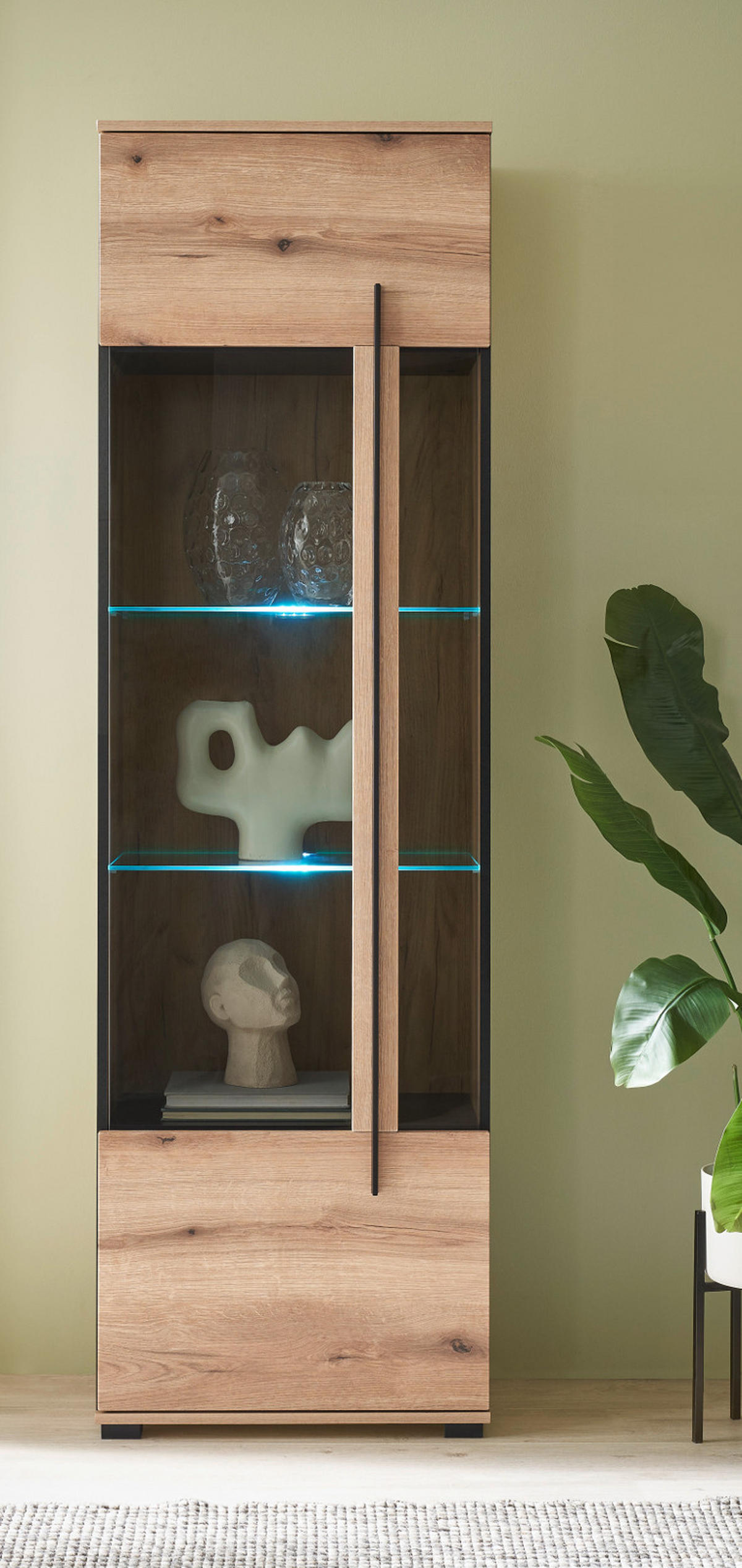 VITRINE Eiche Evoke, Vitrinenschrank 60 x 200 cm mit Beleuchtung - Eichefarben/Schwarz, Glas/Holzwerkstoff (60/200/37cm) - Furn.Design