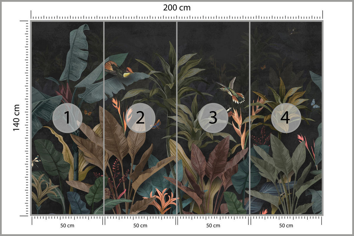 FOTOTAPETE Exotische Palmenblätter Dunkler Hintergrund Insekten Tropisch 200x140 - Orange/Braun, Papier (200/140cm) - Muralo