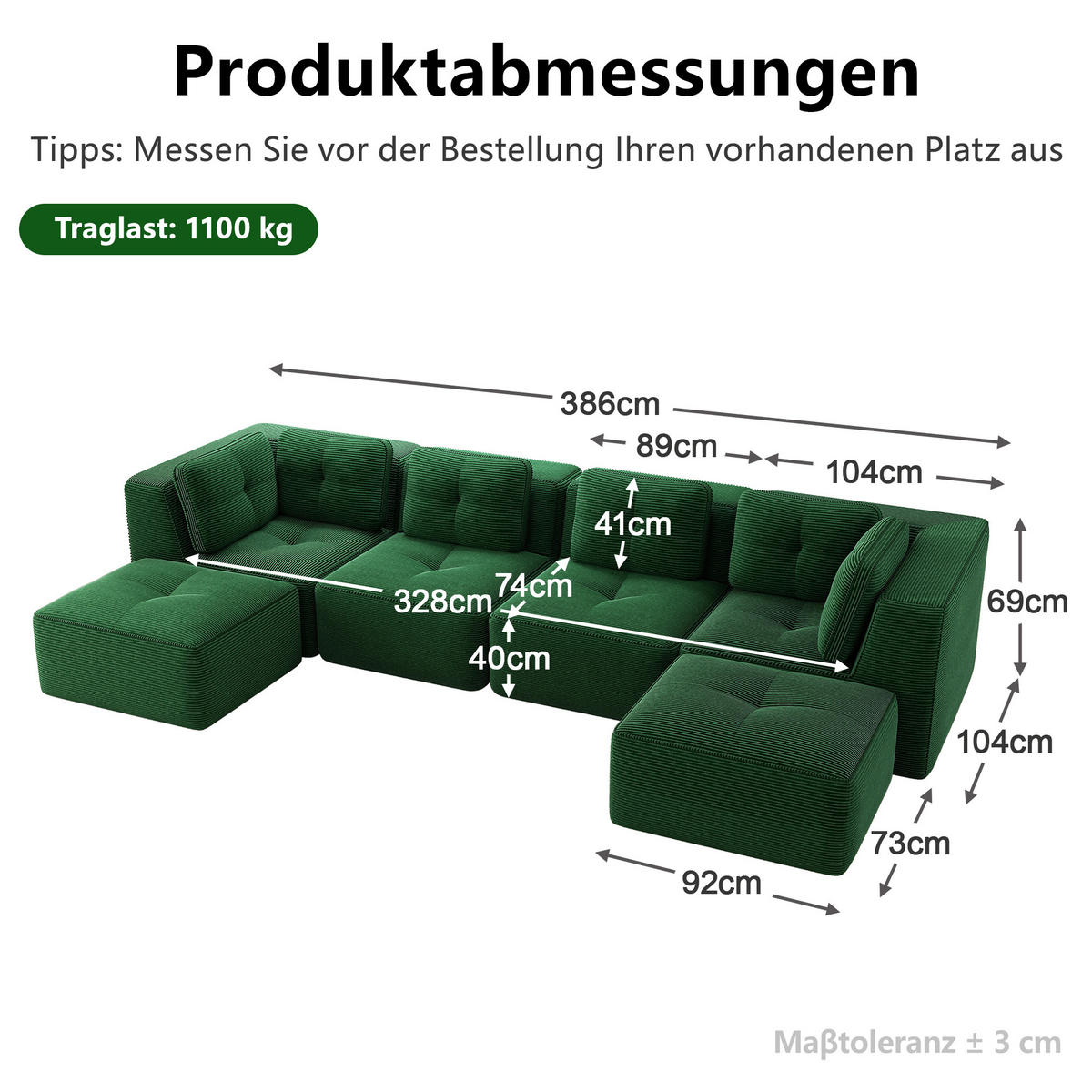 SITZGARNITUR mit Ottomane und modularer U-Form aus Cord - Grün, Textil (386/69/177cm) - EVRYAE