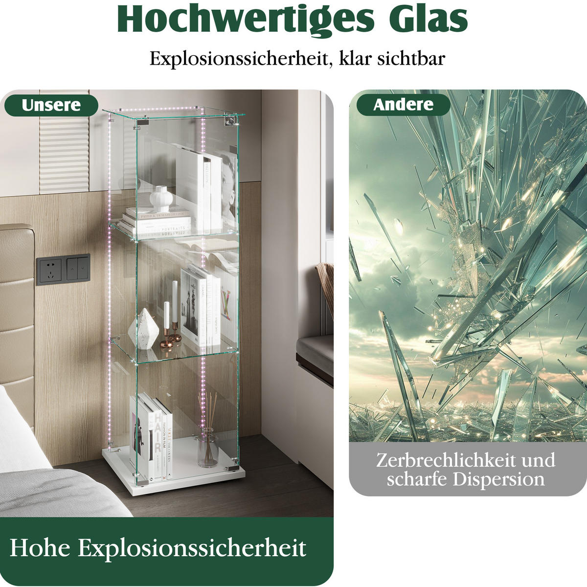 VITRINE, LED-Lichtleiste, 3 Einlageplatten, einzeltür mit Schloss, Weiß - Weiß, Glas (39.8/123.3/35cm) - BRILVERDE