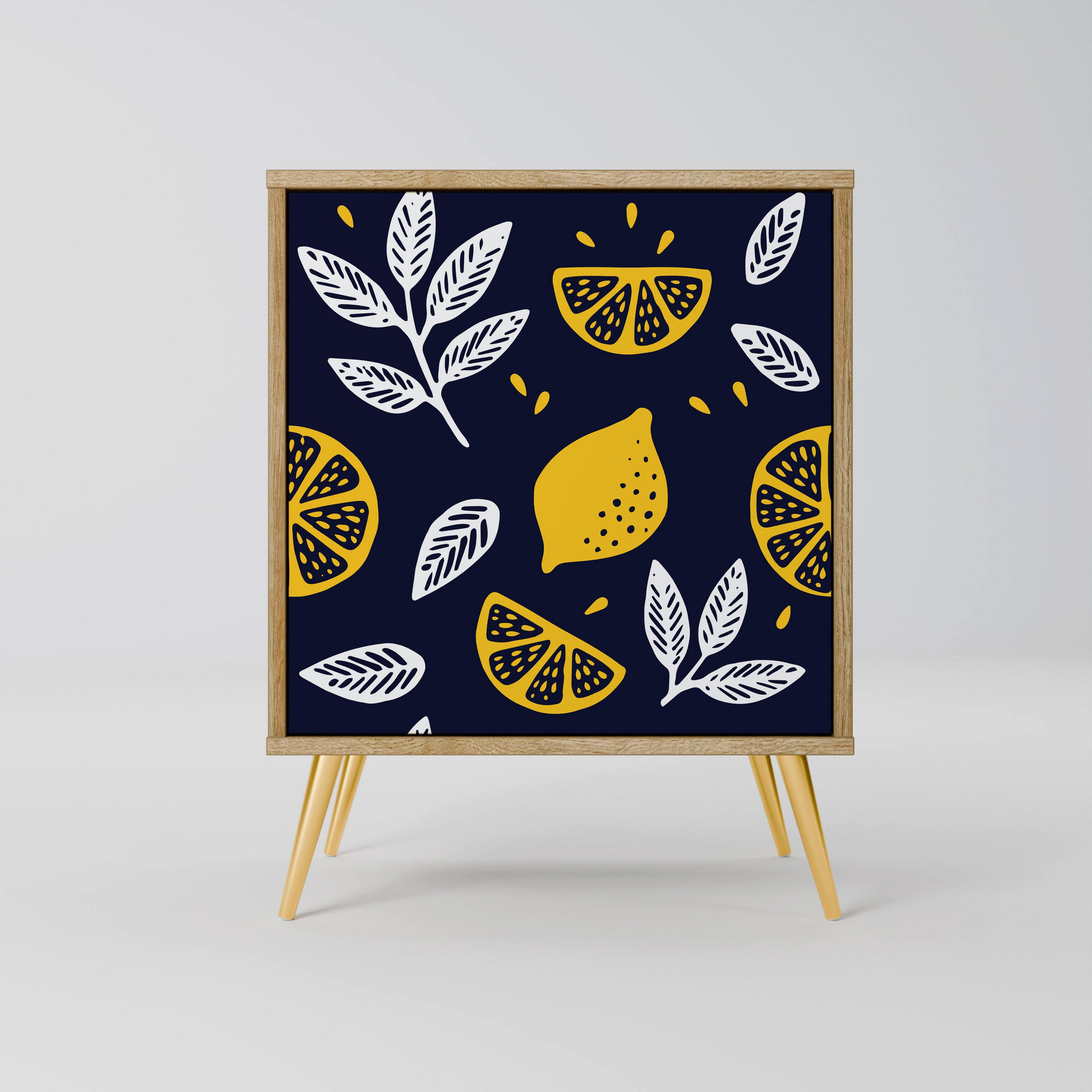 SIDEBOARD CITRUS BLACK AND WHITE, Eichefarben, 57,5x42x75,5 cm, Goldfarbene Metallfüße - Eichefarben/Goldfarben, Holzwerkstoff/Metall (57.5/75.5/42cm) - SpaceRebels