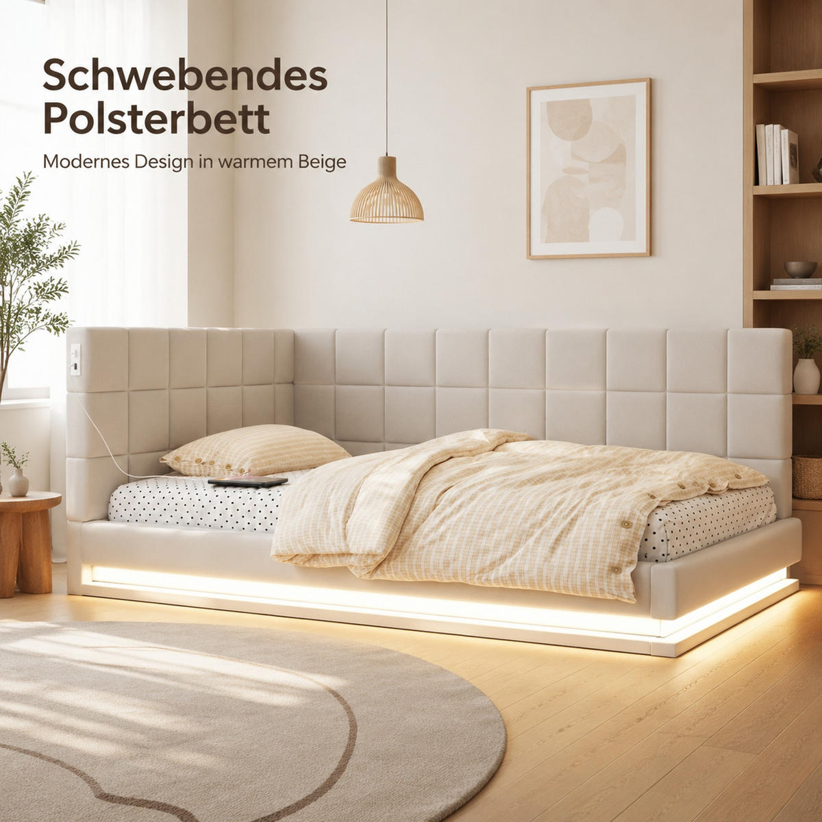 DETSKÁ Posteľ 90/200 cm z ľanu béžová s LED osvetlením, USB a roštom - béžová, textil (90/200cm) - Modenvie