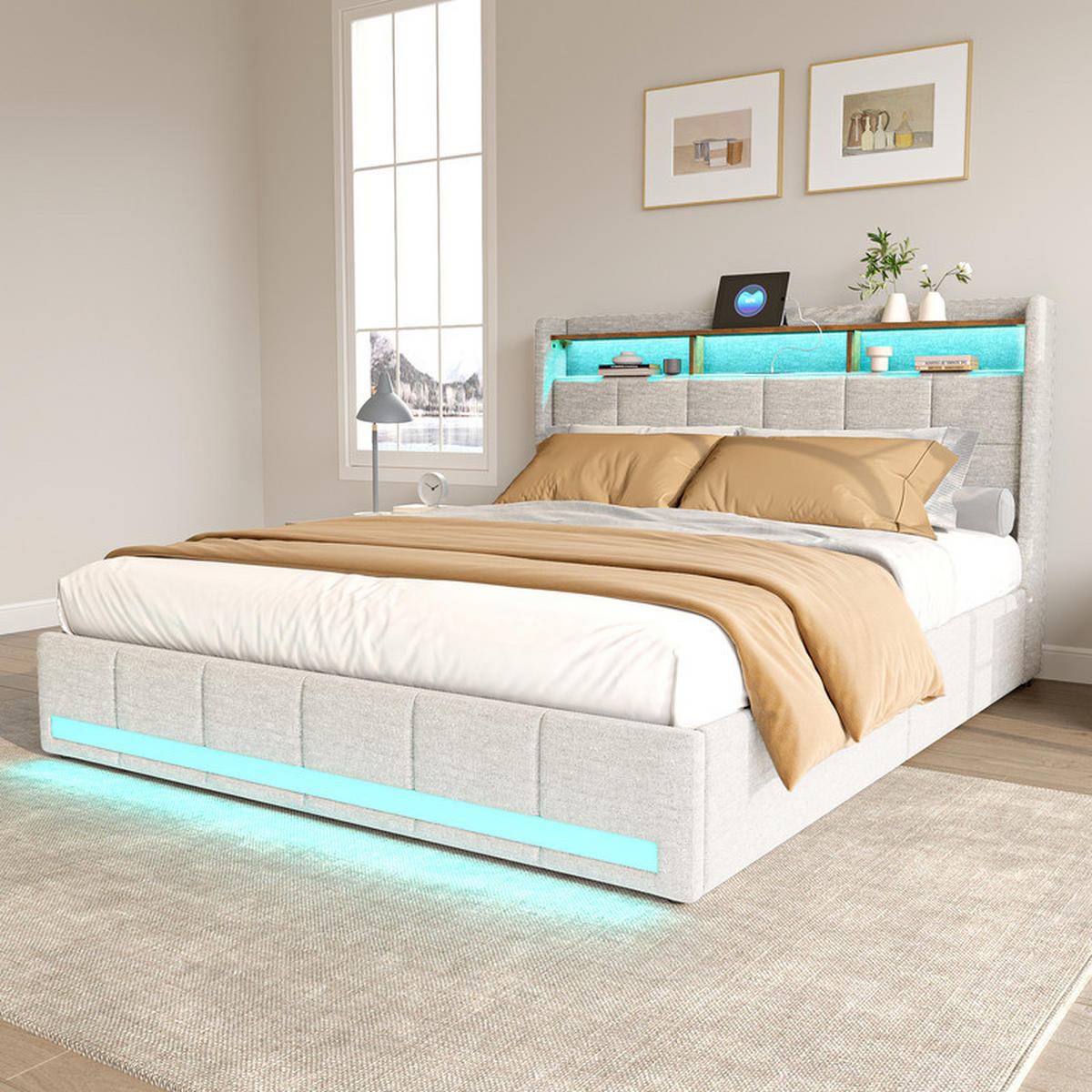 POLSTERBETT 160x200 cm, Beige, Lattenrost, mit LED-Lichtleiste und 4 Metallschubladen, Leinen, ohne Matratze - Beige, Holz (160/200cm) - WoodenAura