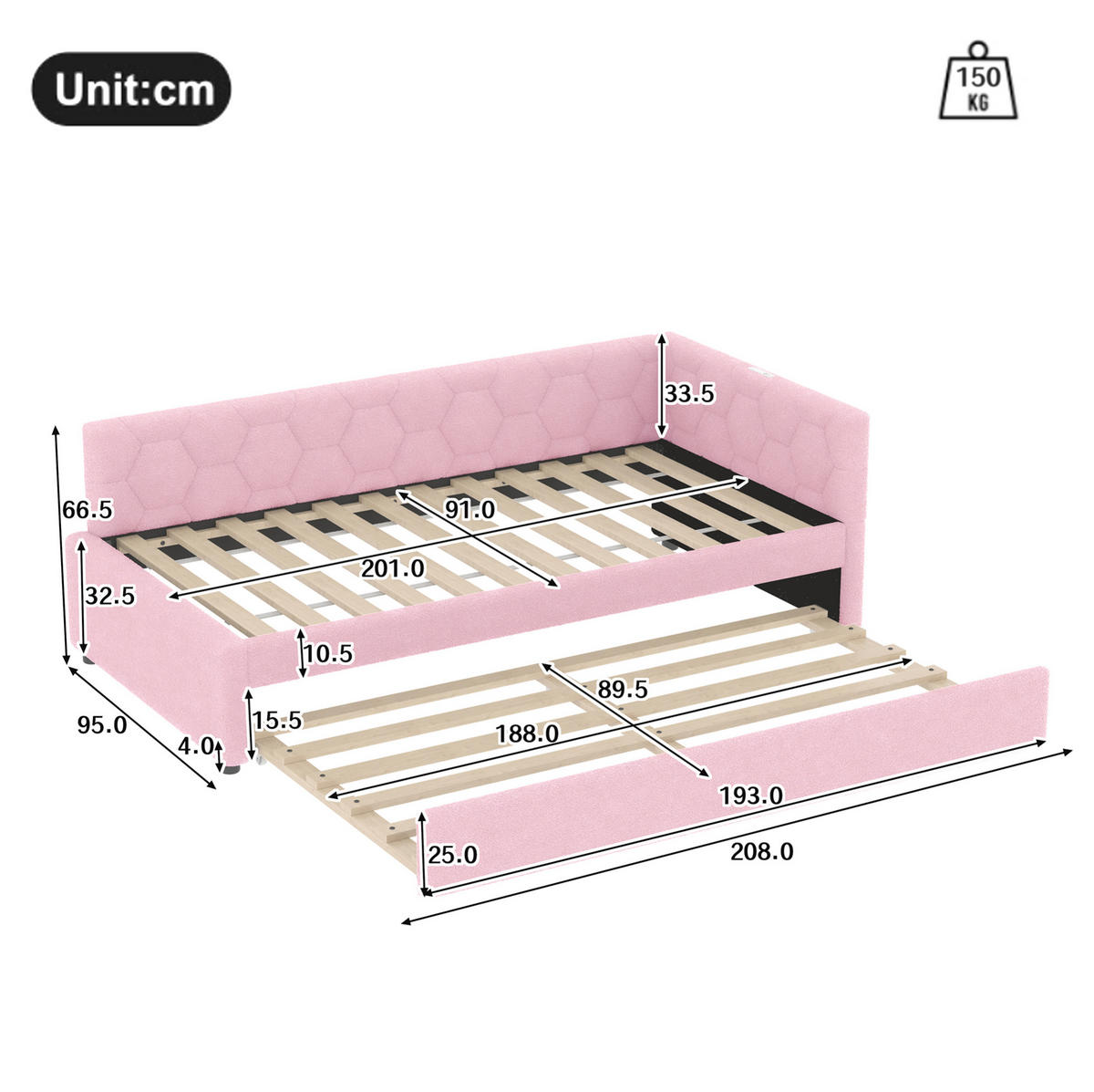 POLSTERBETT 90/200 cm mit Ausziehbett, USB-C und Nachttischlampe in Rosa - Rosa, Textil (90/200cm) - BEAOK