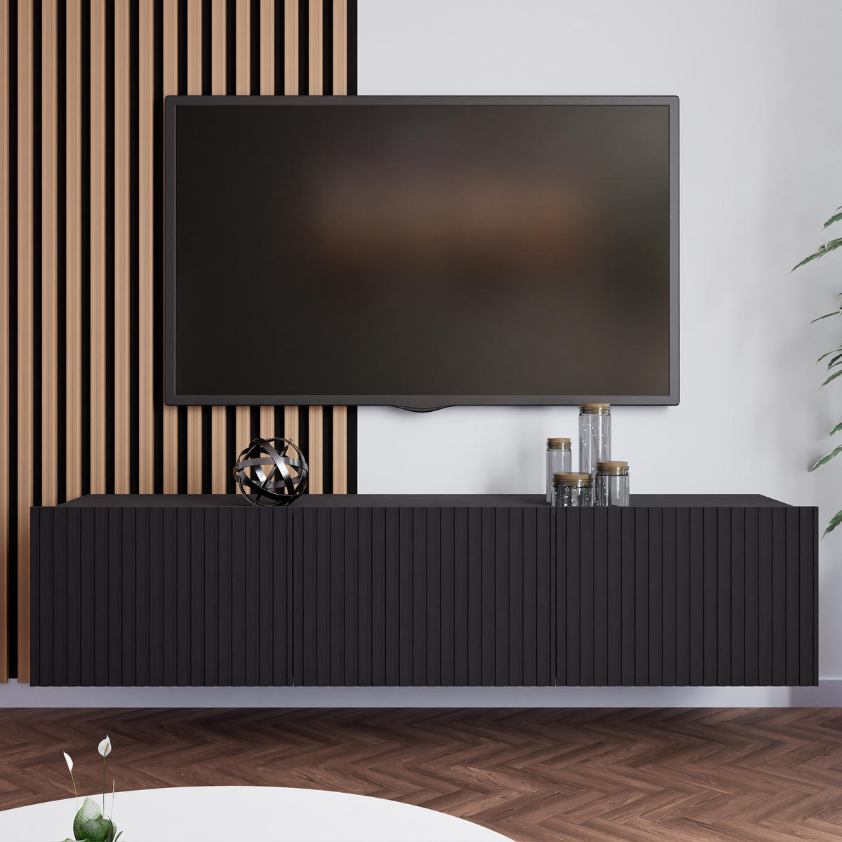 LOWBOARD Kavell mit 2 Türen, 150 cm, stehend/hängend, schwarz matt - Schwarz, Holzwerkstoff (150/37.5/43cm) - Beautysofa